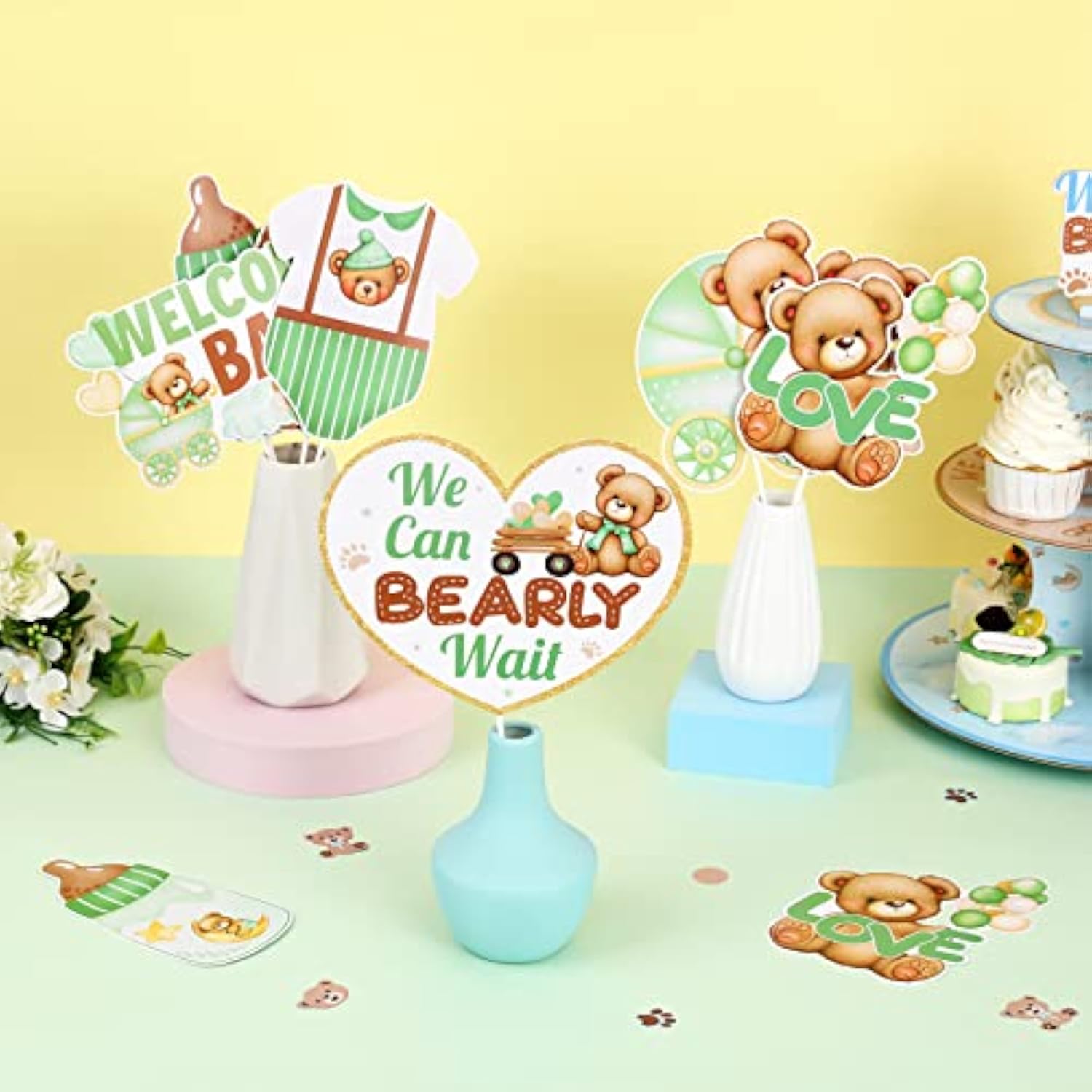 24 Pcs Bear Baby Shower Centerpiece Sticks Sage Green - We Can Bearly