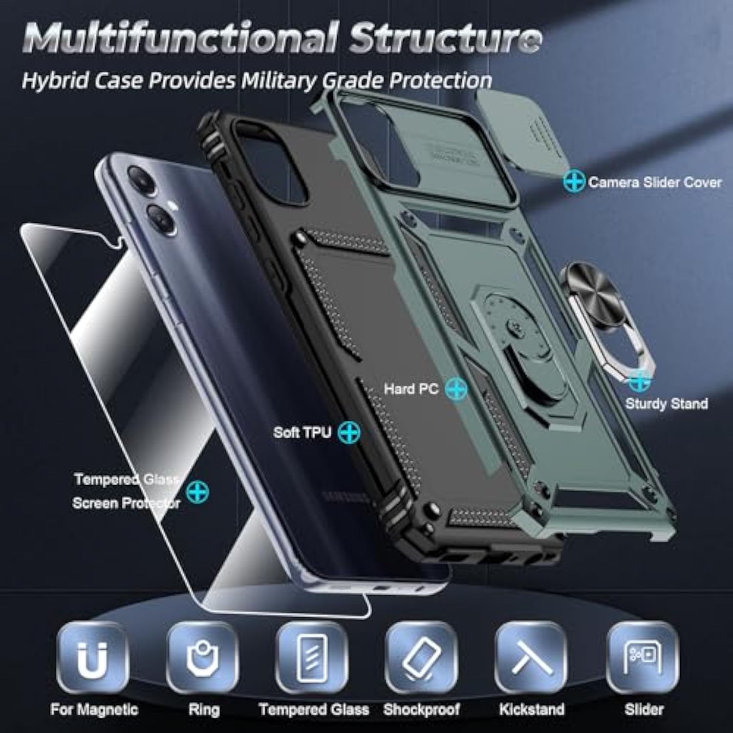For Samsung A05 Case, A05 Phone Case With Slide Camera Cover + Tempered Glass Screen Protector, -Grade Phone Case With Metal Kickstand For Samsung Galaxy A05, Green