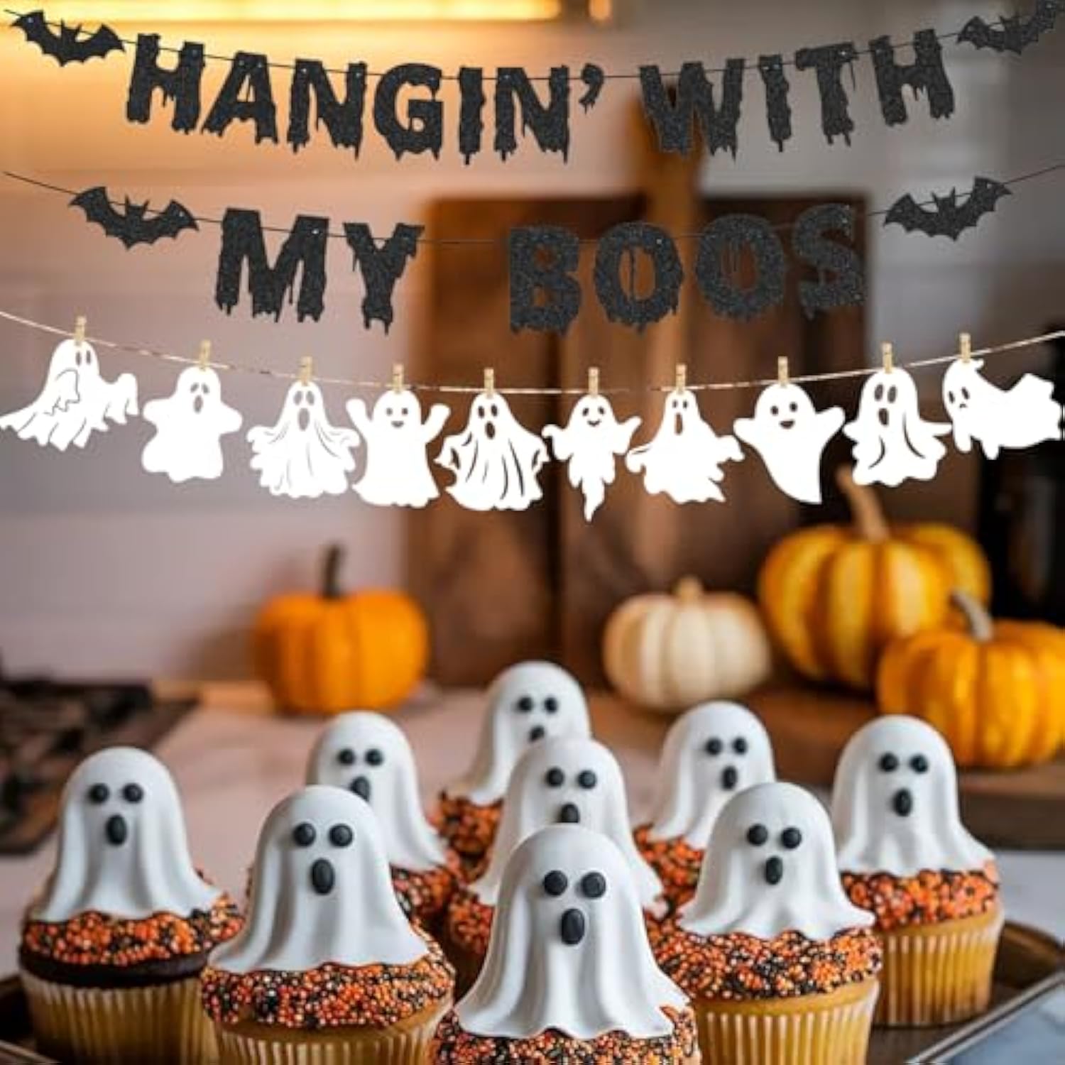Black Glitter Hanging With My Boos Halloween Banner Ghost Party Wall Fireplace Decor
