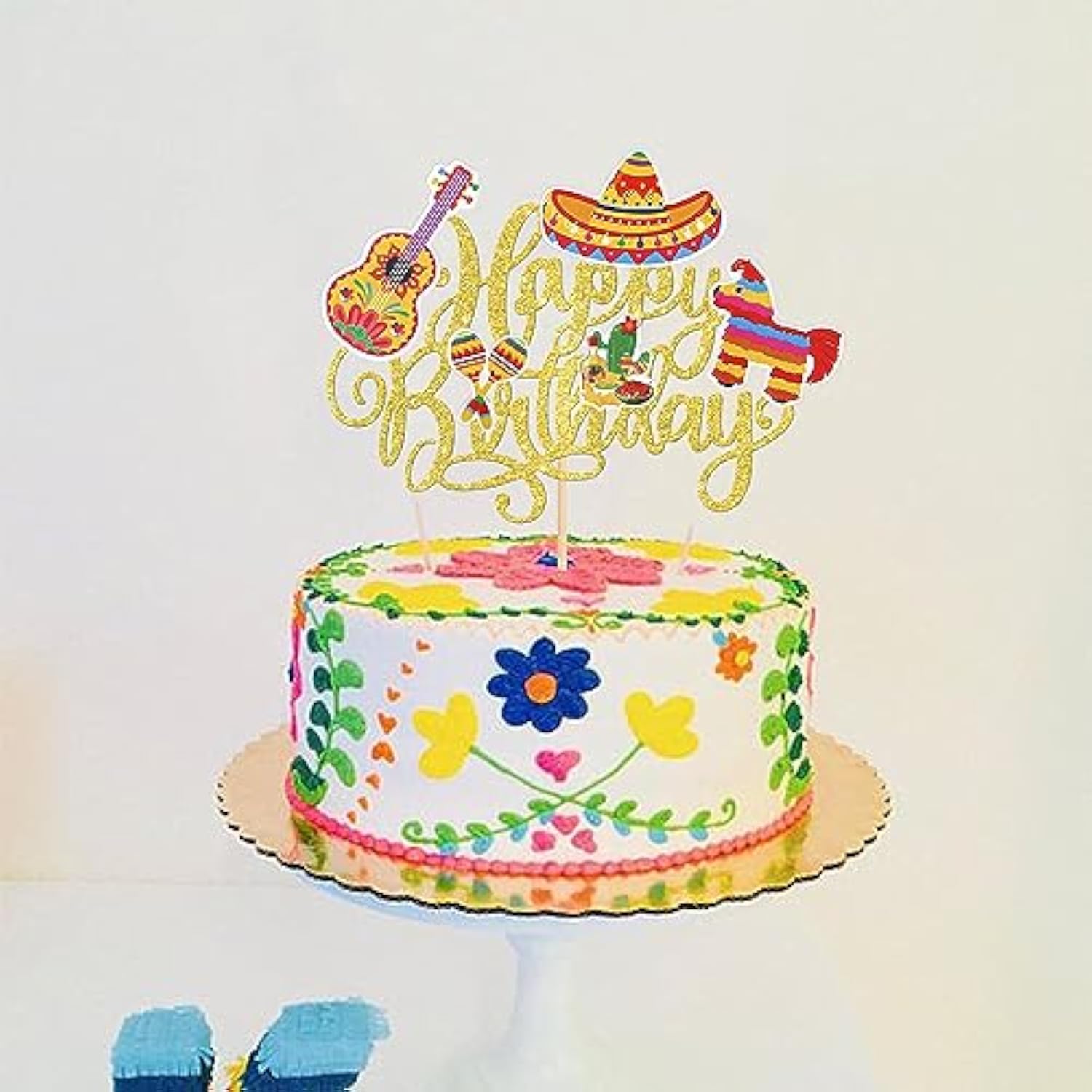 1 Pack Happy Birthday Fiesta Cake Topper Guitar Cactus Donkey Rackets Pepper Cake Pick For Mexican Fiesta Theme Baby Shower Birthday Party Cake Decorations Supplies Gold