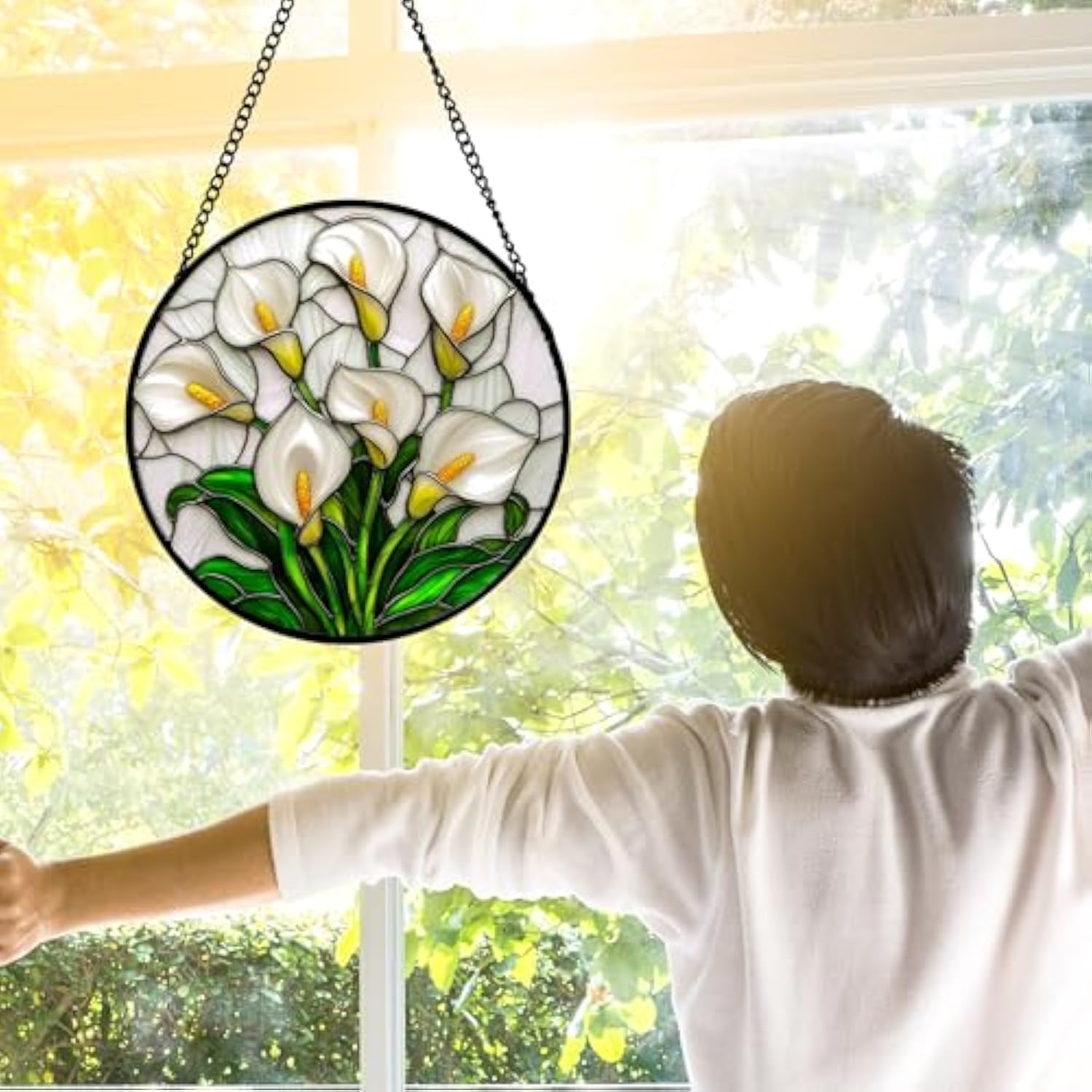 Stained Glass Window Hanging, White Calla Lily Suncatcher Diamond Glass Panel Hangings Flowers Sun Catchers Decor For Birthday For Women, Men, Wife, Aunt, And Mom 6.3 In