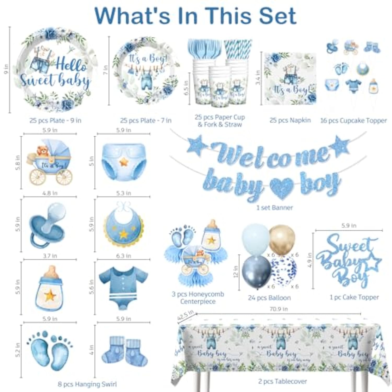 213Pcs Blue Baby Boy Shower Decorations Tableware Set, 25 Serves Disposable Plates And Napkins Set, With Cake Topper, Centerpieces, Banner, Tablecloth, For Baby Boy Baby Shower Decorations