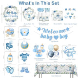 213Pcs Blue Baby Boy Shower Decorations Tableware Set, 25 Serves Disposable Plates And Napkins Set, With Cake Topper, Centerpieces, Banner, Tablecloth, For Baby Boy Baby Shower Decorations