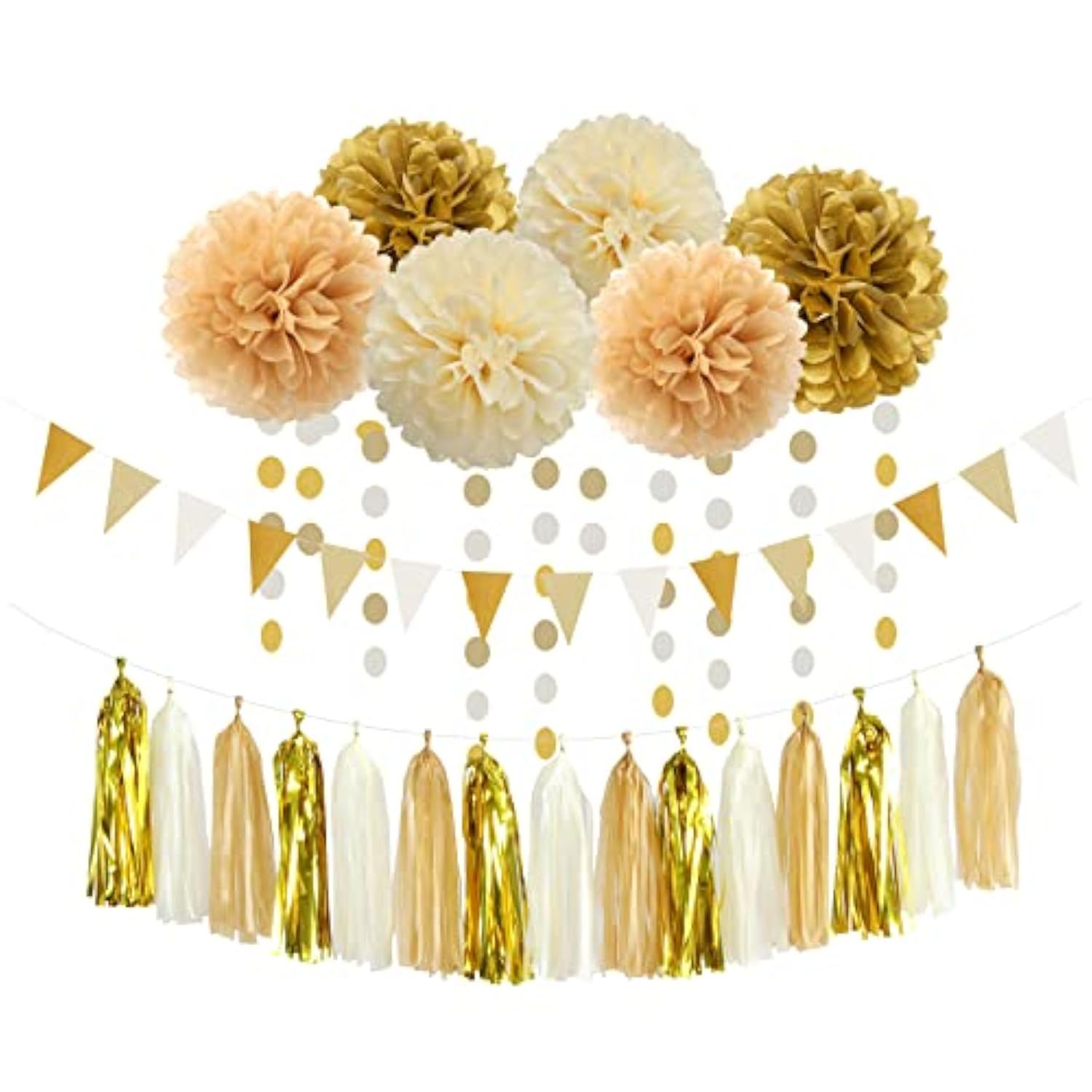 White Gold Champagne Party Decorations - 23Pcs Tissue Pom Poms Streamers,Christmas Wedding Engagement Tassel Garland Banner,Bachelorette Neutral Birthday Baby Bridal Shower Decor