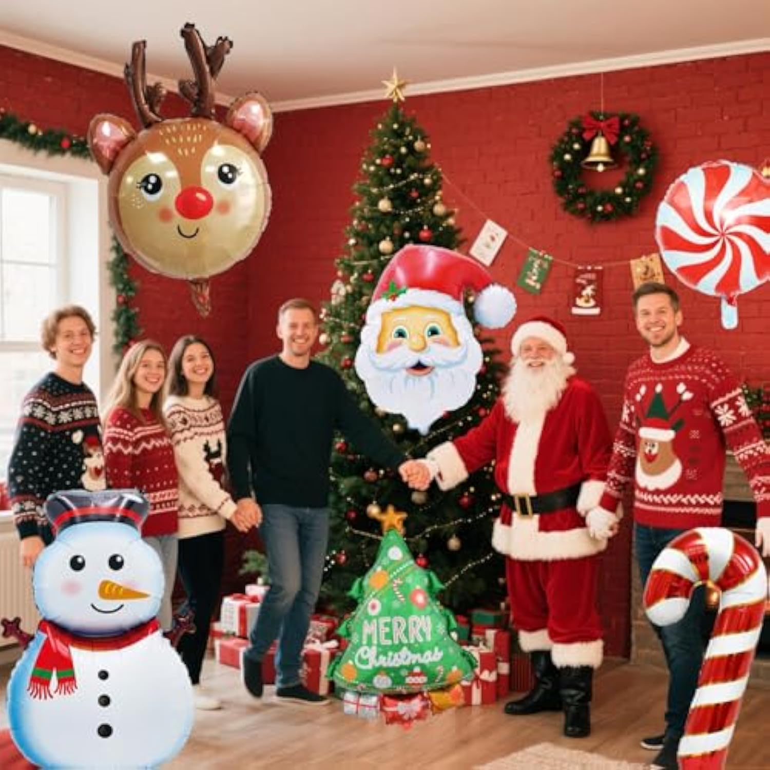 Christmas Foil Balloons Snowman Reindeer Santa Candy Cane Christmas Tree Balloons For Xmas Themed Party Decoration Supplies Winter Birthday Decoration Decor Ballons Arch Kits Party Balloon Set 6Pcs