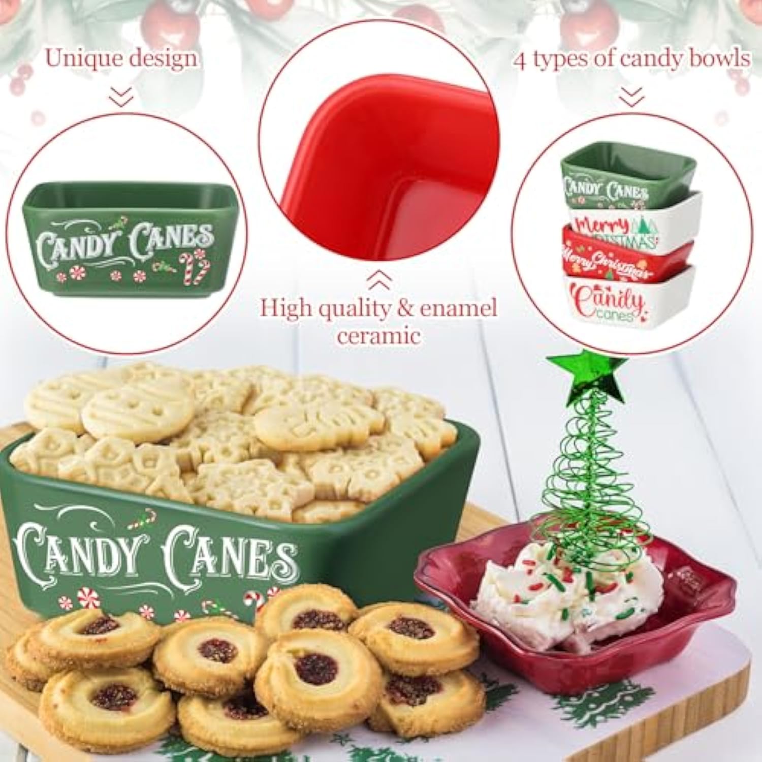 4 Pcs Mini Christmas Candy Dish Ceramic Candy Bowls Serving Trays Merry Christmas Tree Canes Dishes Farmhouse Home Table Decoration For Xmas Holiday Snacks Cookie Housewarming Gift