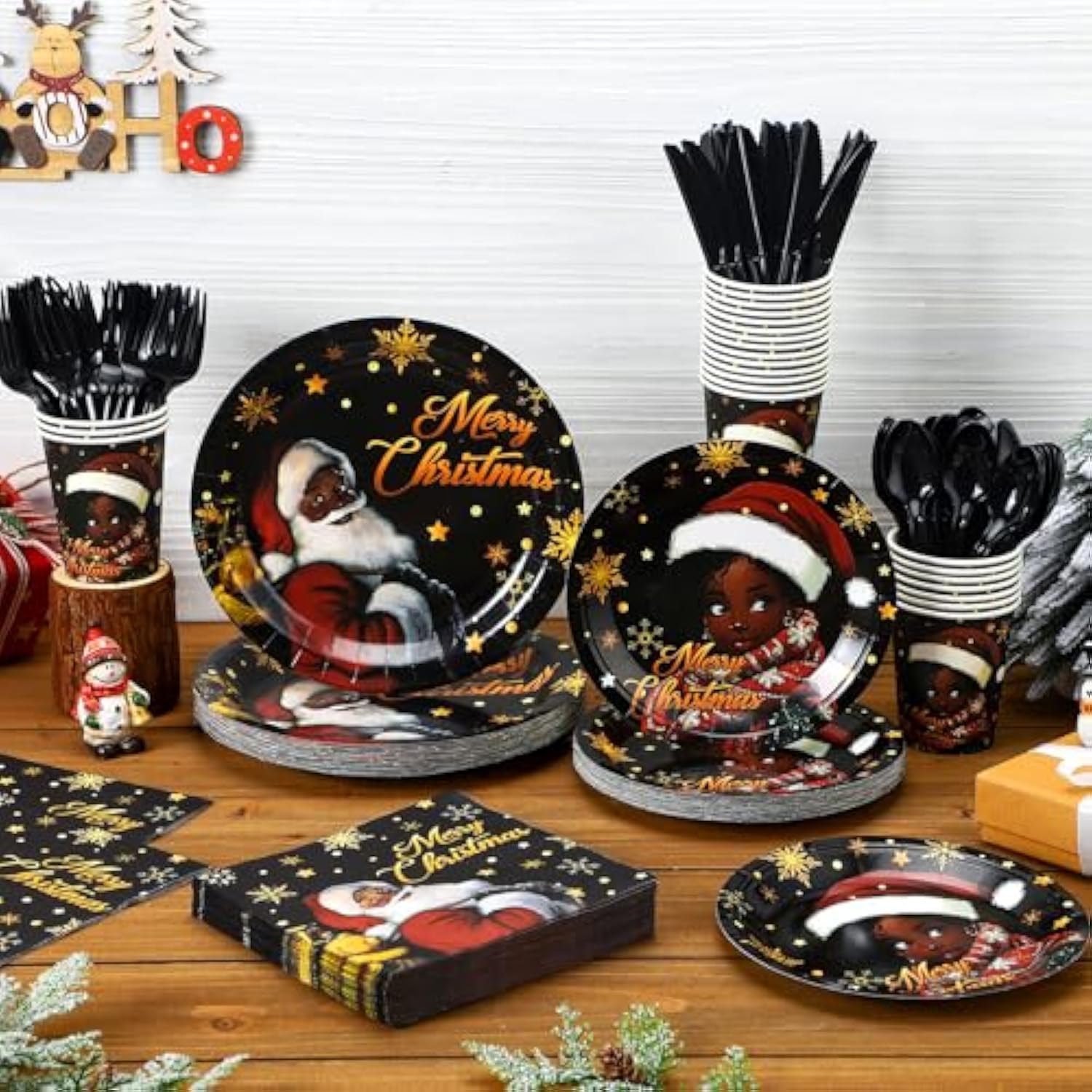 194 Pcs Black Santa Christmas Decorations Black African American Claus Girl Christmas Disposable Paper Dinnerware Set Includes Plates Cups Napkins Knives Forks Spoons For Xmas Party Supplies