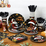 194 Pcs Black Santa Christmas Decorations Black African American Claus Girl Christmas Disposable Paper Dinnerware Set Includes Plates Cups Napkins Knives Forks Spoons For Xmas Party Supplies