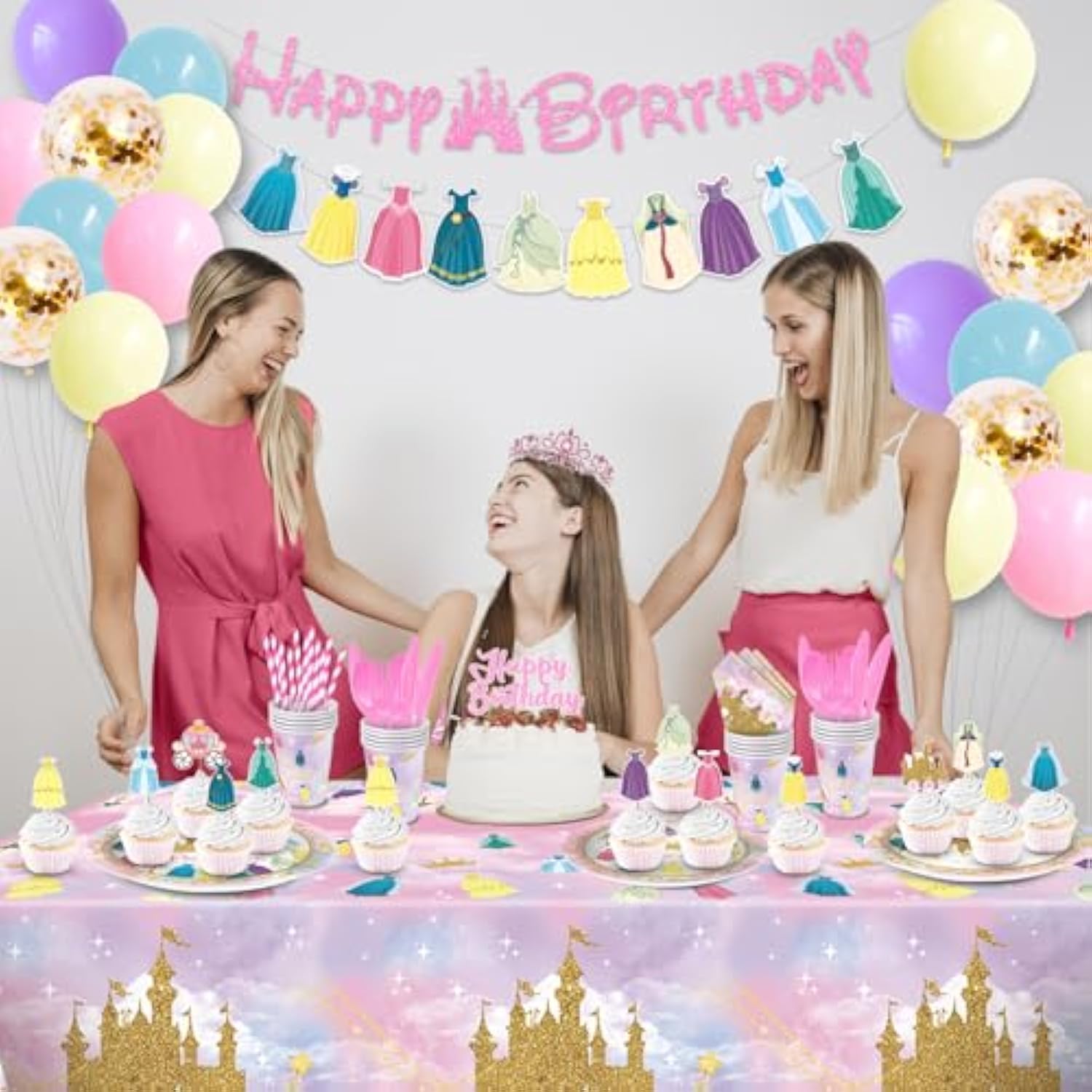 Princess Birthday Party Decorations, 166Pcs Princess Party Girls Decorations Set Includes Prin Cess Plates Napkins Cups Tablecloth Serve 16, Shoulder Strap Crown, Banner Garland Cake Toppers Balloons