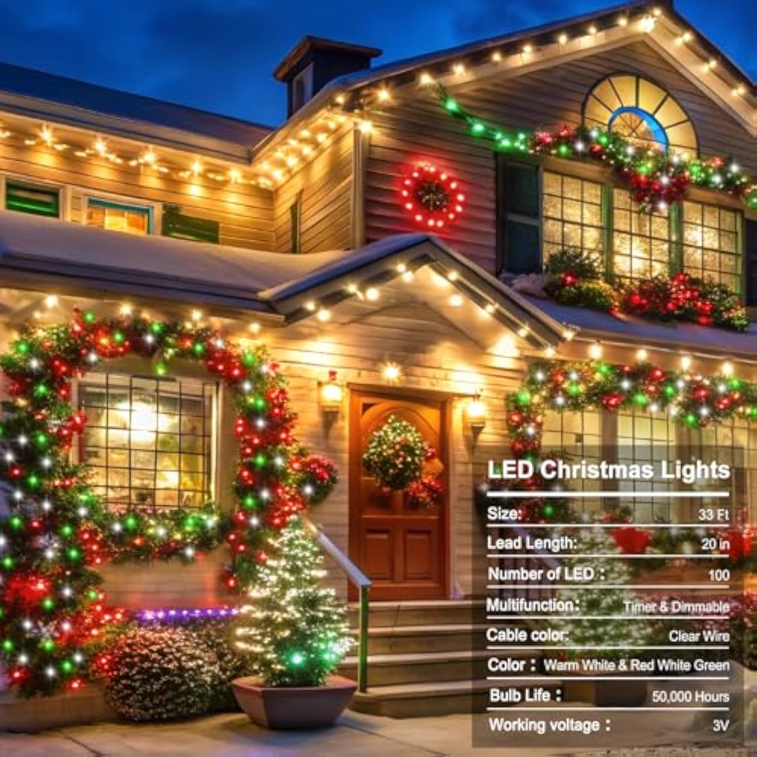 Red White Green Christmas String Lights Battery Operated, 100 Led Dual Color Changing Fairy Lights 33Ft With Remote Time