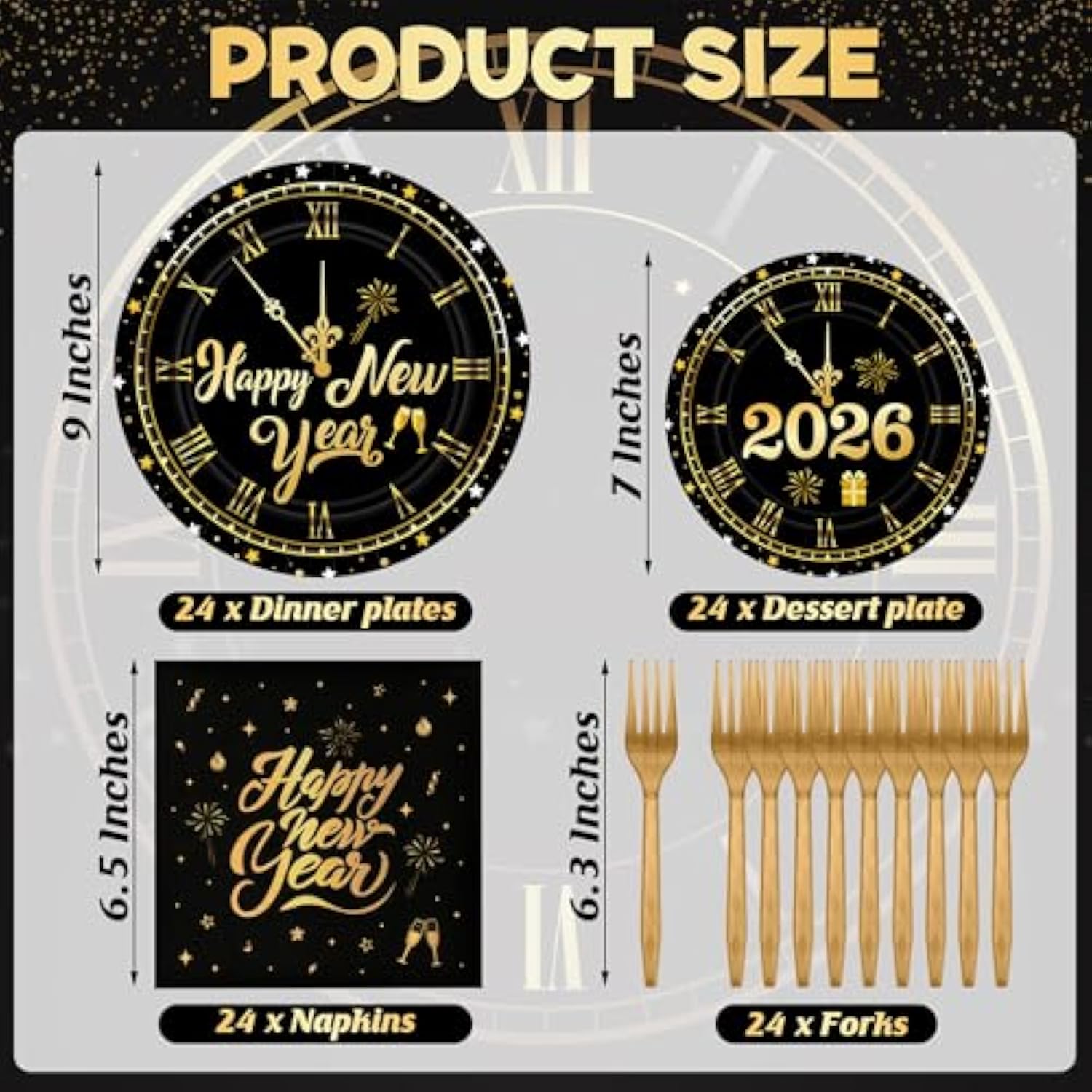 96 Pcs Happy New Year Plates And Napkins, 2026 Nye Plates Black Gold With Clock Design, Disposable Dinnerware Set Include Plate, Napkins, Fork, Happy New Year Plate For Eve Party Supplies Serves 24