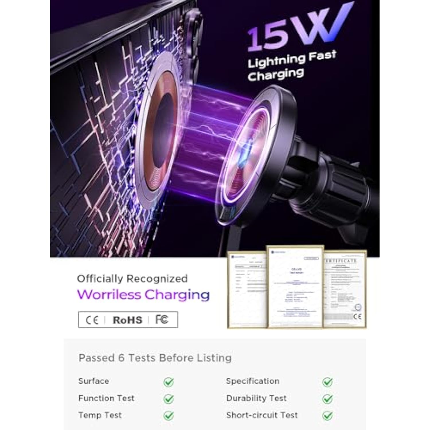 15W MagSafe Car Mount Charger, Fast Wireless Charging for iPhone 15/14/13/12