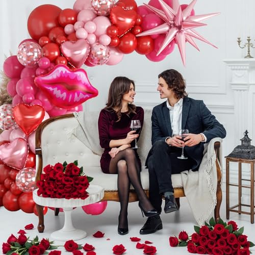 Pink and Red Valentines Balloons Garland Arch Kit, Valentine Red Heart Balloons Lips Balloon for Women Girls Galentines Day Anniversary Birthday Bridal Shower Romantic Valentine Day Decorations