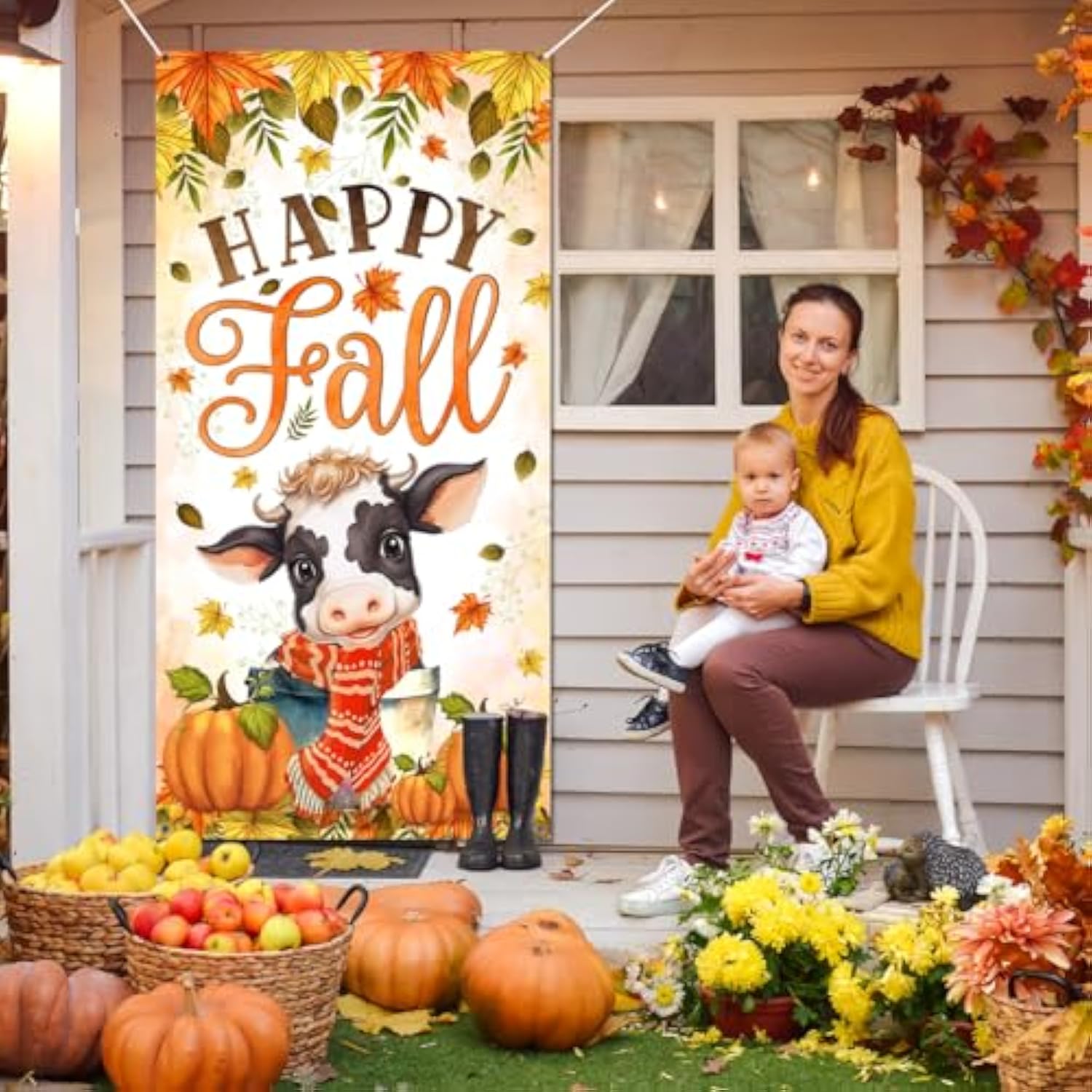 Happy Fall Door Cover Fall Party Decorations Baby Cow With Scarf Fall Festival Decorations Pumpkin Door Banner For Autumn Harvest Thanksgiving Party Supplies
