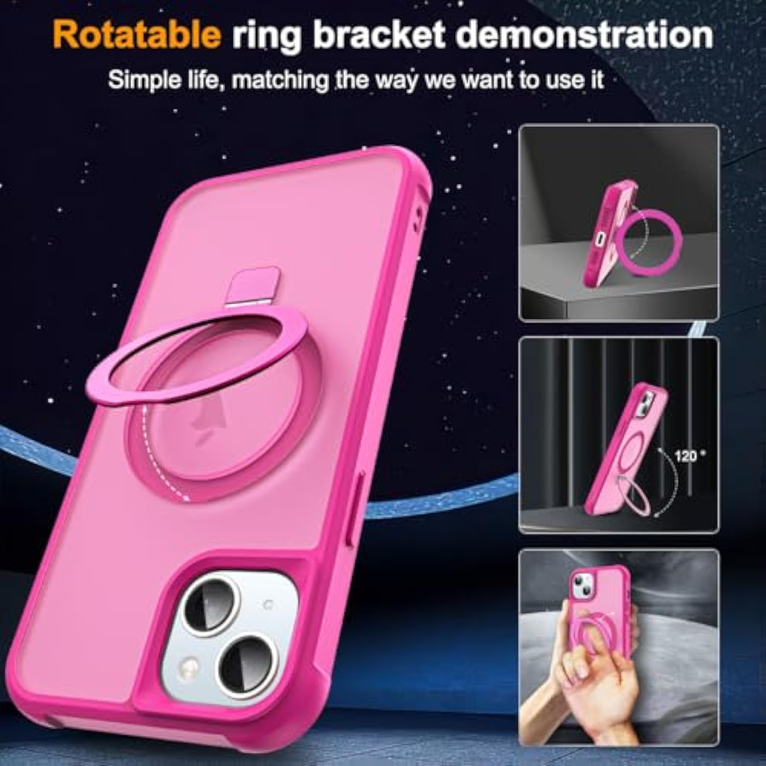 Compatible With Iphone 15 Plus Case With Invisible Magnetic O-Ring Stand Military-Grade Translucent Case For Iphone 15 Plus 6.7" [Compatible With Mag-Safe][Great Grip Feeling], Rose