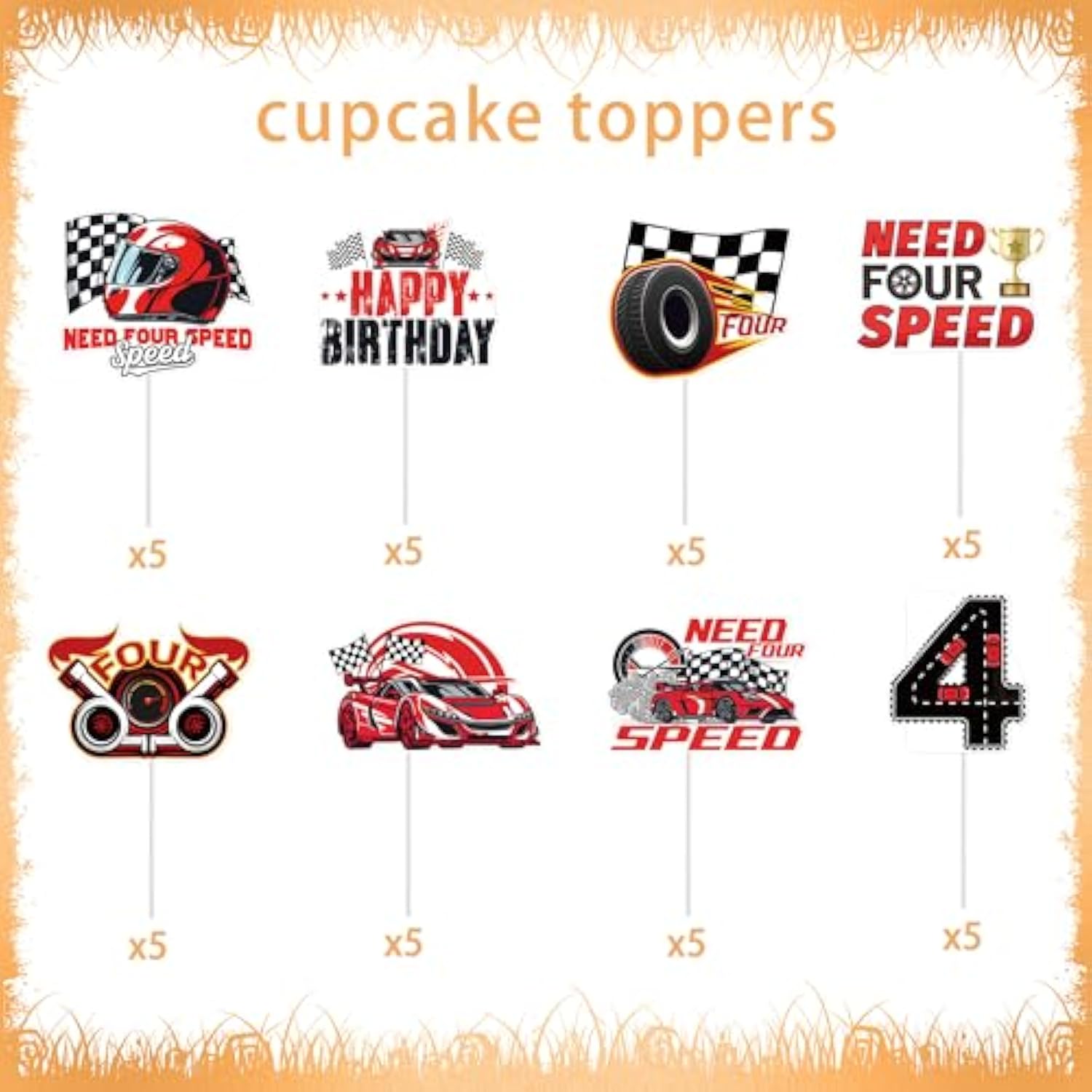40 Pcs Need Four Speed Birthday Decorations, Checkered Flag Race Car Cupcake Toppers, Happy 4Th Birthday Decorations For 4 Years Old Boys Racing Bday Party Favors Supplies