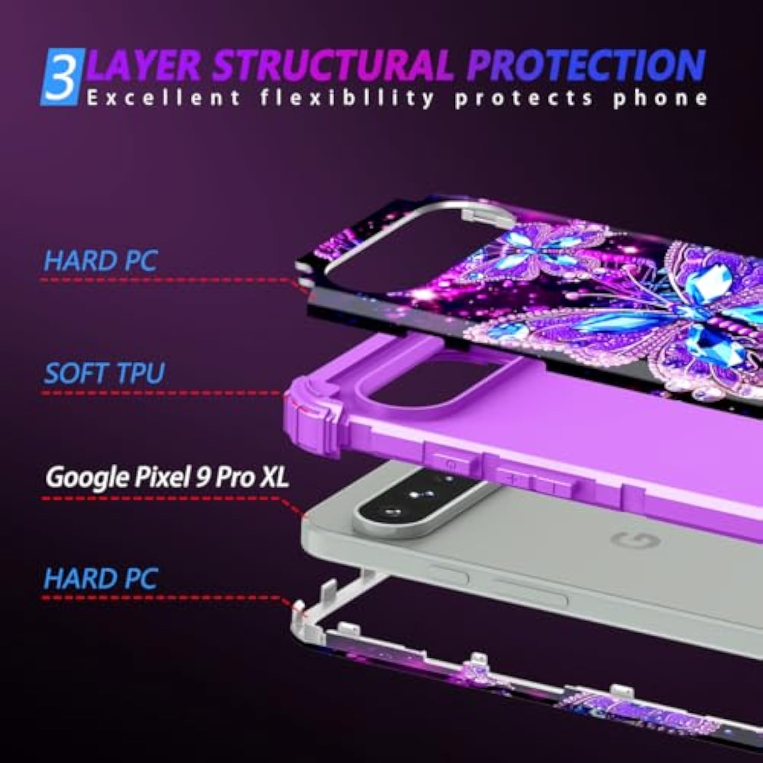 Glow in the Dark Heavy Duty Shockproof Case for Google Pixel 9 Pro XL, Butterfly