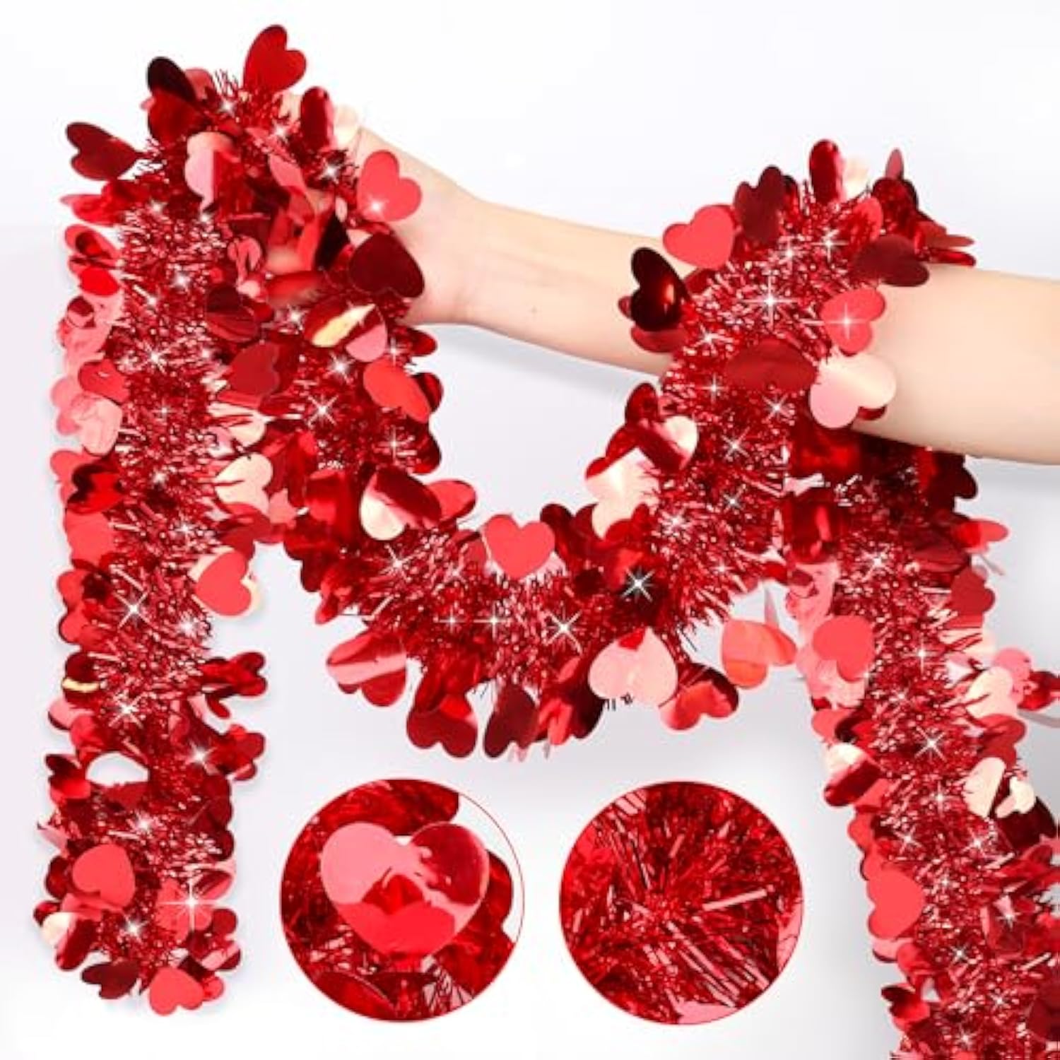 50Ft Valentines Day Garland Valentines Day Decor Red Heart Tinsel Garland Metallic Glitter Hanging Garland Valentines Decorations For Home Mantel Indoor Outdoor Wedding Galentines Party Decor