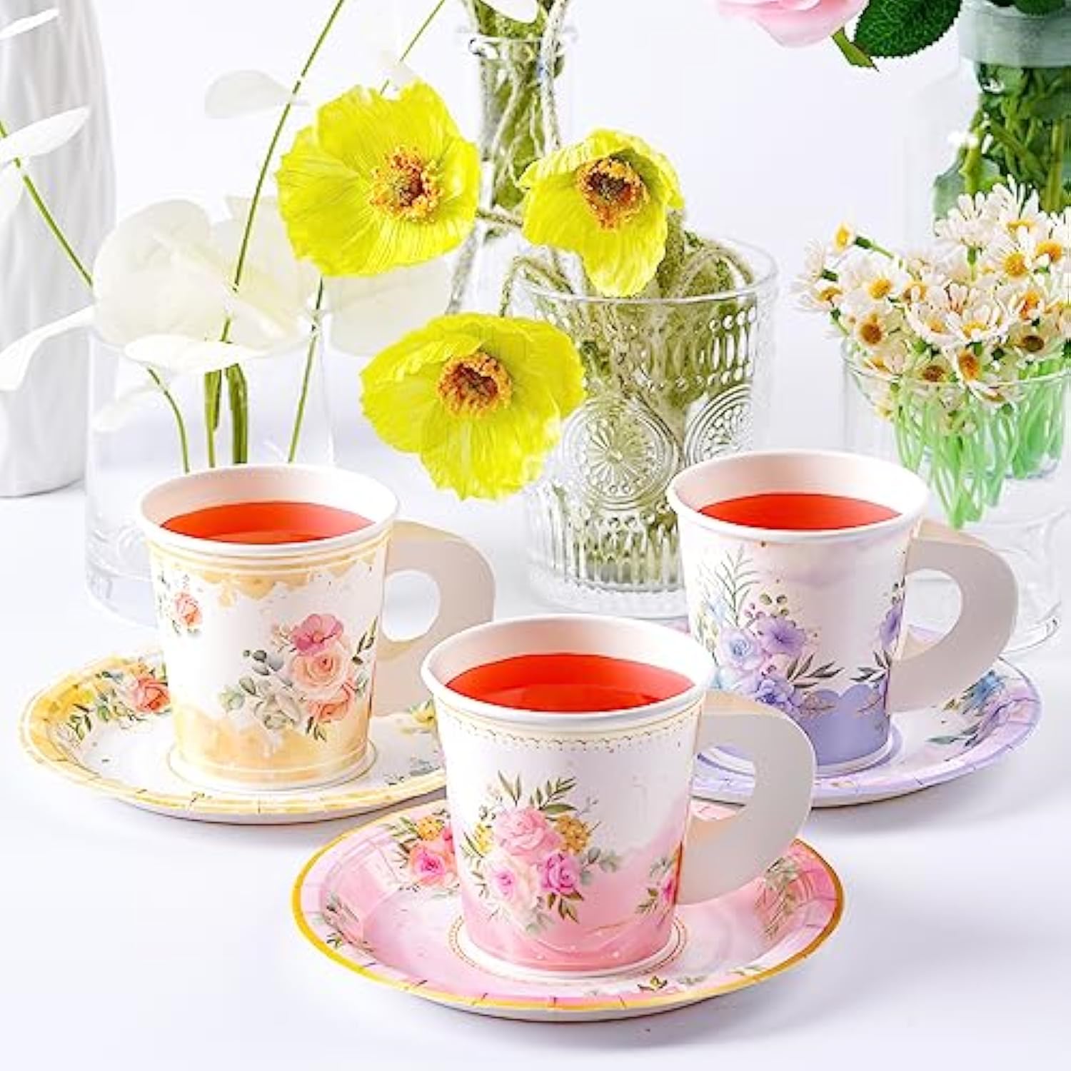 24 Paper Tea Cups And Plates, 7 Oz Disposable Paper Teacups And Saucer Sets For Hot And Cold Drinks For Birthday, Princess, Floral, Tea Party Decorations