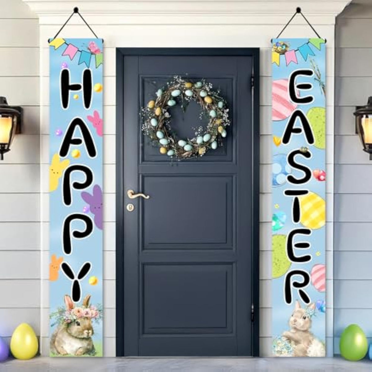 Easter Bunny Porch Banner, Carrot & Egg Front Door Decoration, Spring Welcome Flag For Outdoor Home Decor