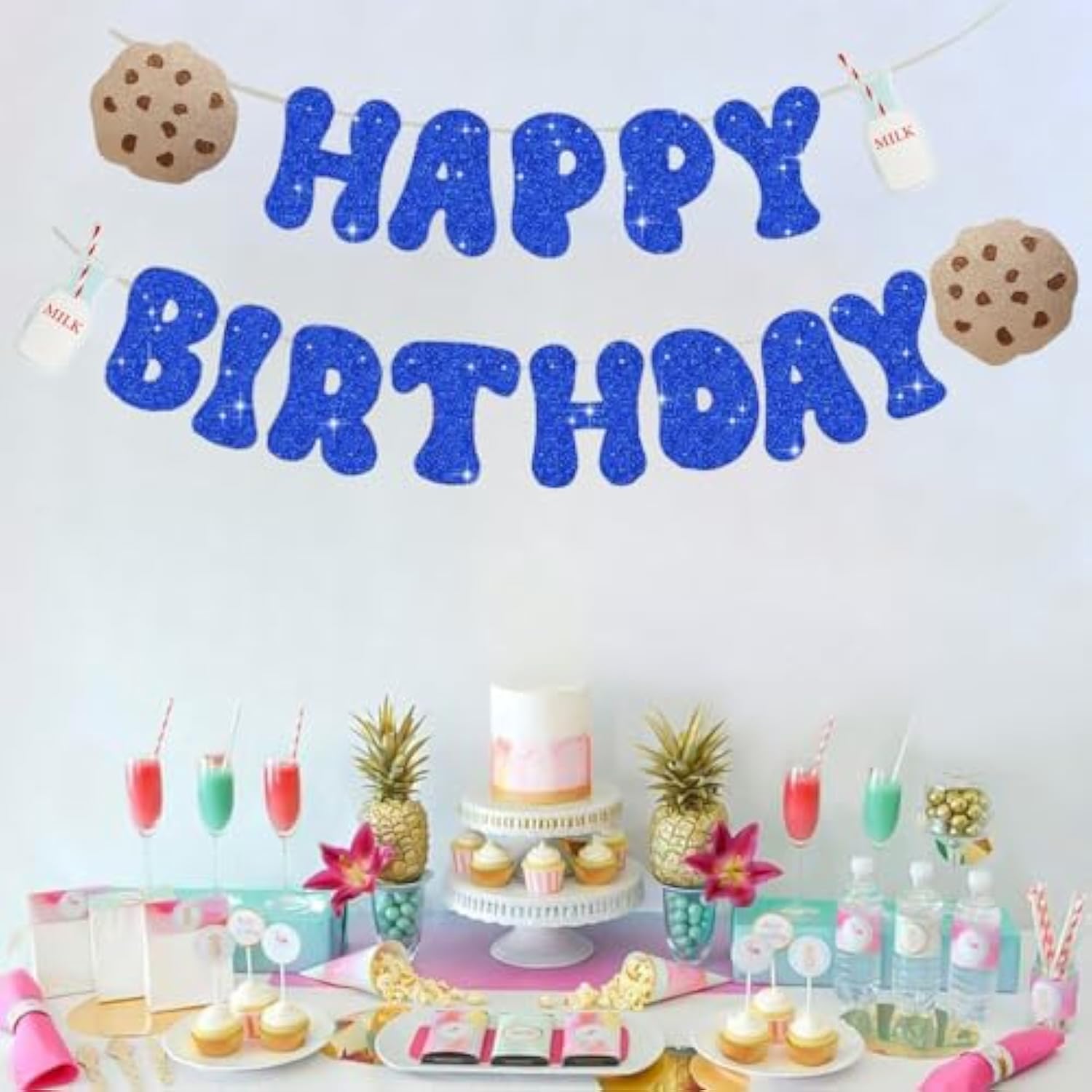 Milk And Cookies Happy Birthday Banner,Funny Blue Glitter Paper Sign Banner For Kids Cookie Milk Birthday Party Decor,Cookie Milk Theme Happy Birthday Party Decorations.