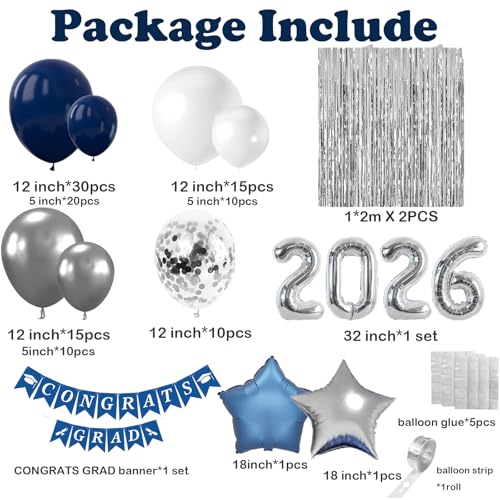 Blue Graduation Decorations-Navy 2025 Graduat-ion Balloon Arch Kit Graduation Decorations Class Of 2025 With Blue Silver Balloons, Banner, 2025 Balloon,Fringe Backdrop