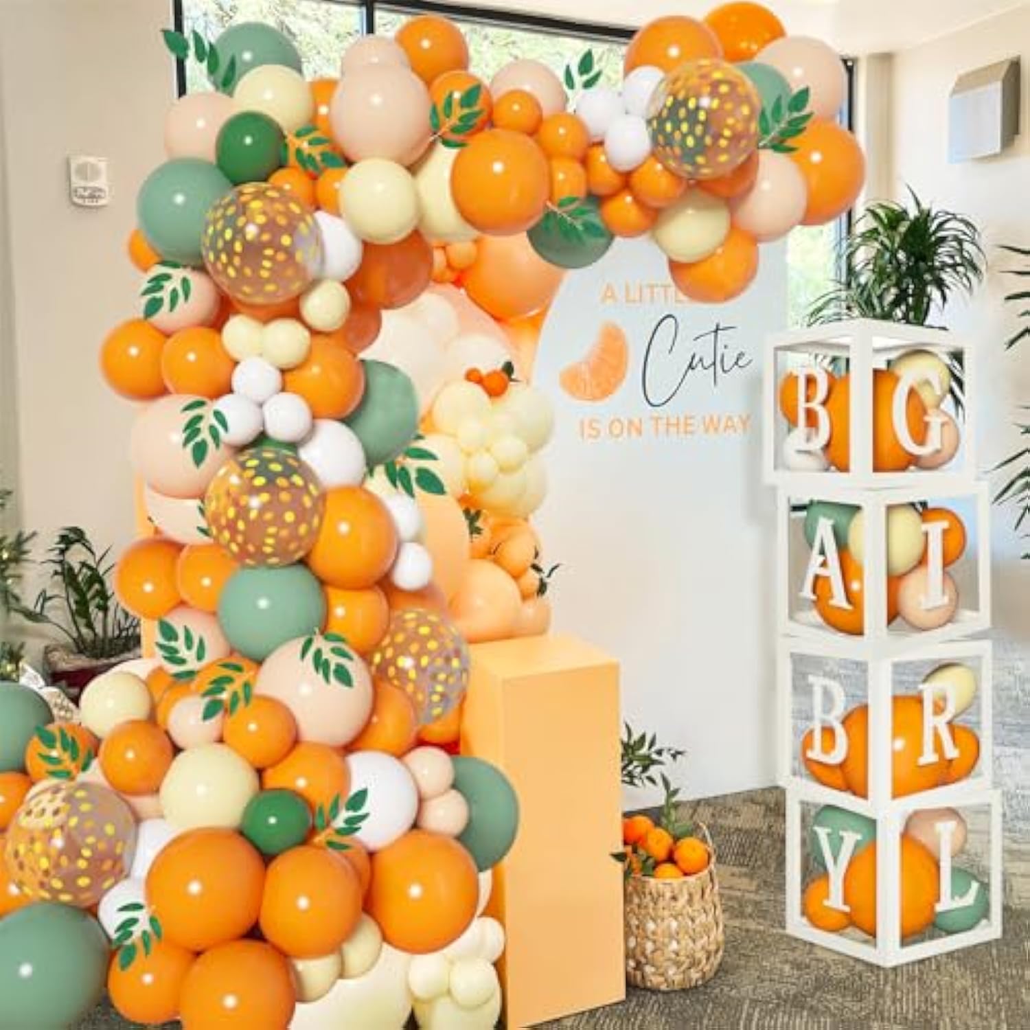 154Pcs Little Cutie Baby Shower Decorations,Orange Balloon Garland Arch Kit With A Little Cutie Is On The Way Backdrop,Baby Balloon Boxes With Letters For Orange Baby Shower Decor,Fruit 1St Birthday