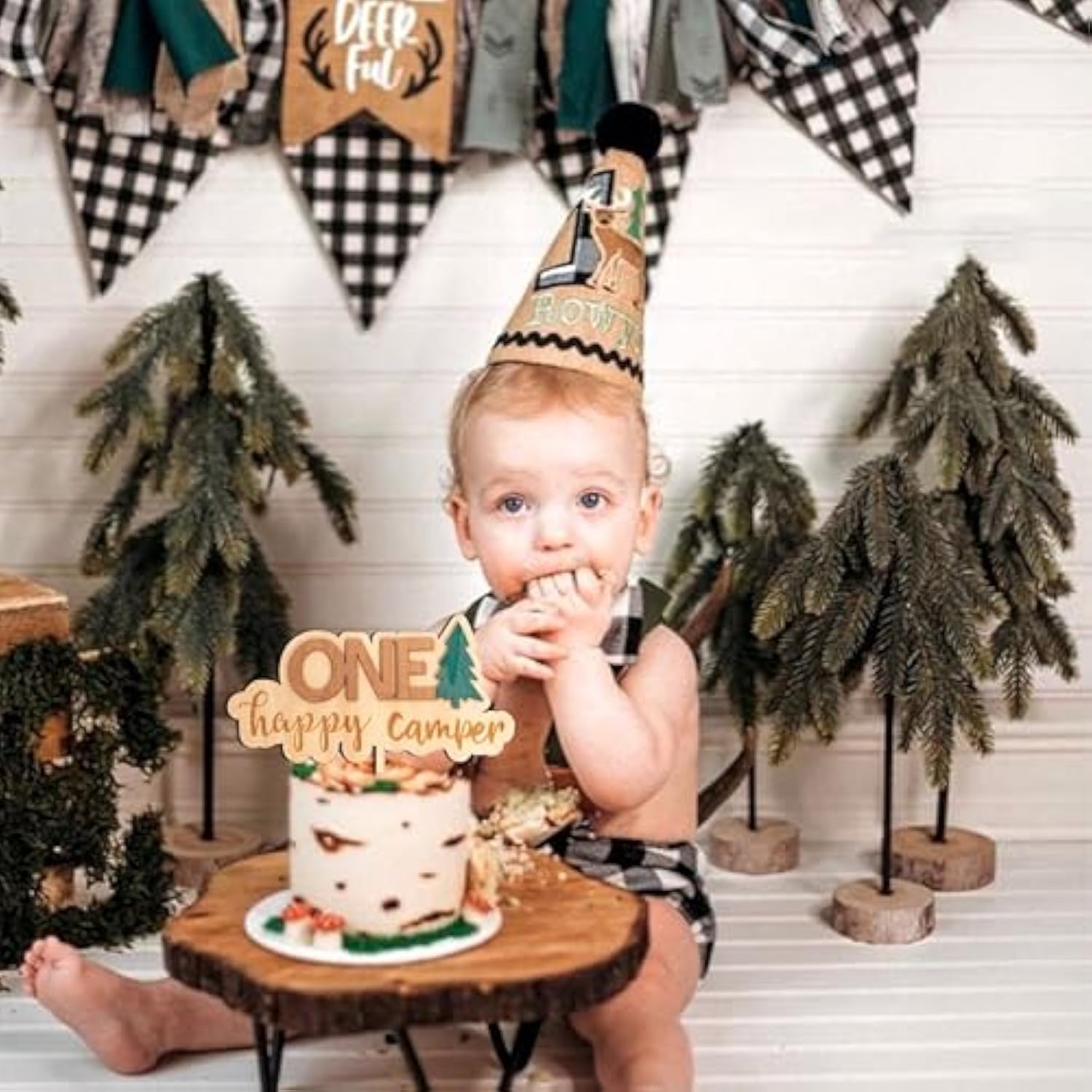 One Happy Camper Cake Topper - Camping Theme Wooden Cake Topper, First Birthday Cake Decoration For Baby Shower, 1St Birthday Party, Anniversary, Baby Photo Booth Props...