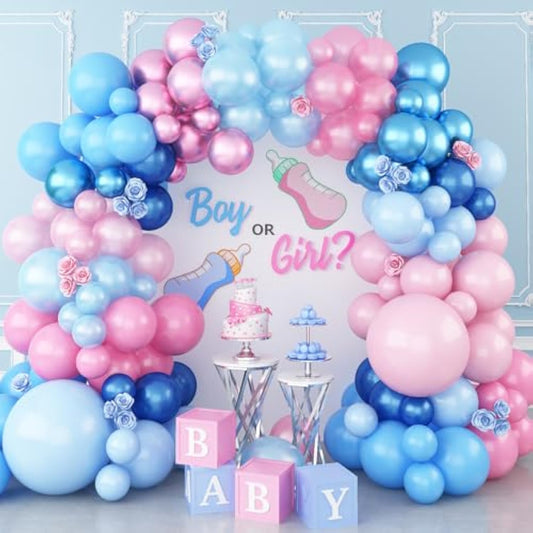 Pink Blue Balloon Arch Garland Kit, 152Pcs 18/10/5 Inch Gender Reveal Balloons, Metallic Blue Pink Mixed Party Pearl Blue Pink Balloons For Boys Girls Baby Shower Birthday Decoration