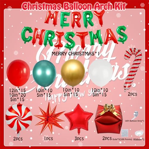 143 Pcs Christmas Balloon Garland Arch Kit-Merry Christmas Banner and Red White Gold Metallic Green Cane Balloons Candy Foil Balloons Gift Box Balloons for Xmas Party Decorations
