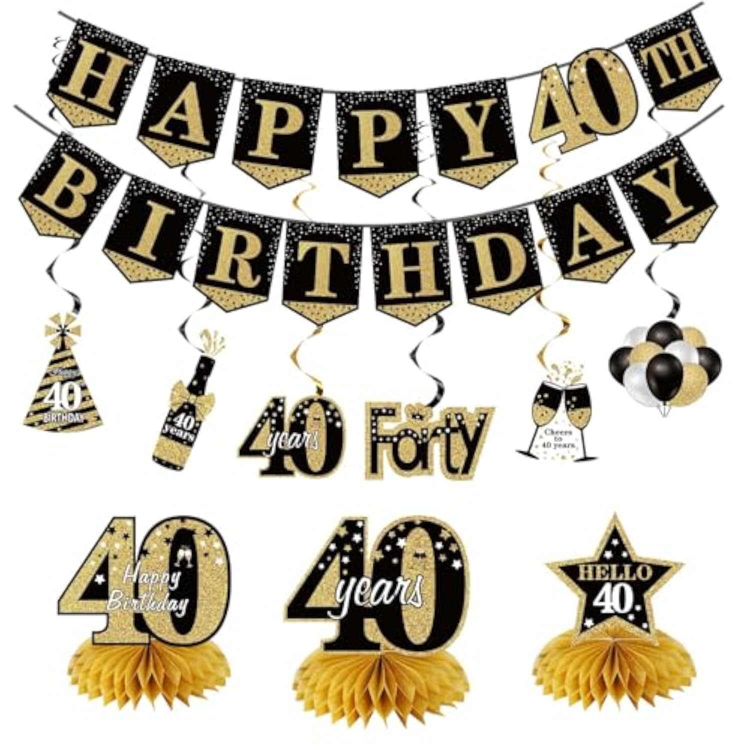 40Th Birthday Banner Decorations For Men Women, 10Pcs Happy 40 Birthday Banner Honeycomb Centerpiece Swirls Kit, Black Gold Forty Bday Ceiling Table Topper Sign Party Supplies