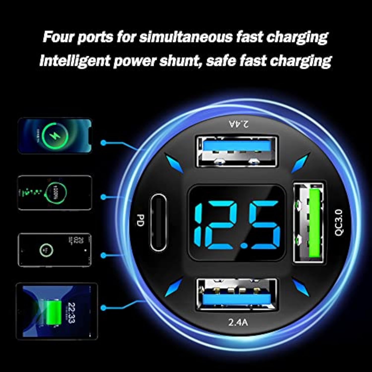 Car Charger 66W Super Fast Charging With Usb C&Qc 3.0(Voltmeter&Led Lights) Universal Quick Charge For 12-24V Car Cigarette Lighter Plug,Compatible With Iphone 14 13,S22,Ipad(2Pcs-Black-Qc/Pd/2.4A)
