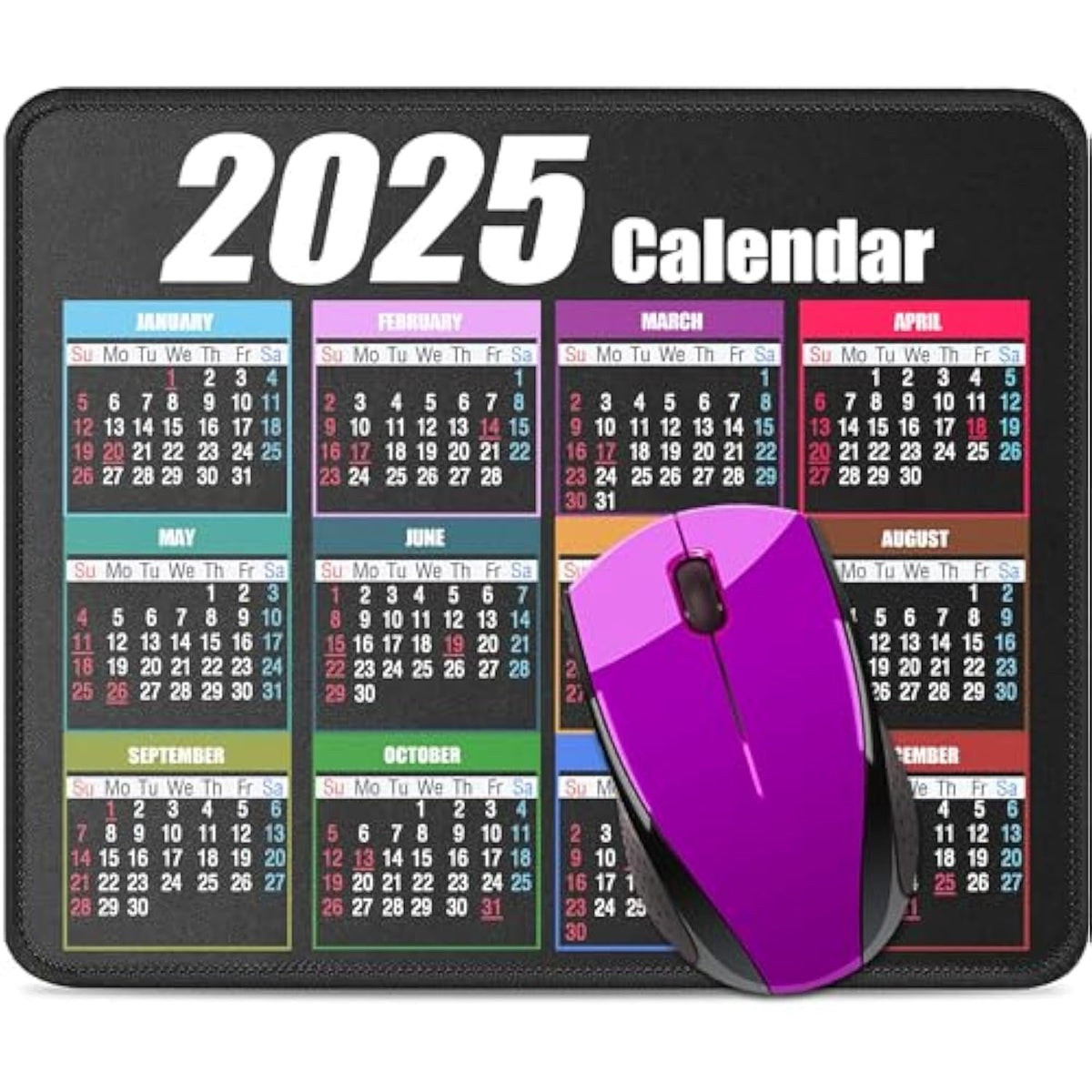 Calendar Mouse Pad With Non-Slip Rubber Base, Premium-Textured & Waterproof Mousepads With Stitched Edges, Mouse Pads For Computers, Laptop, Pc, Office & Home (2025 Black)