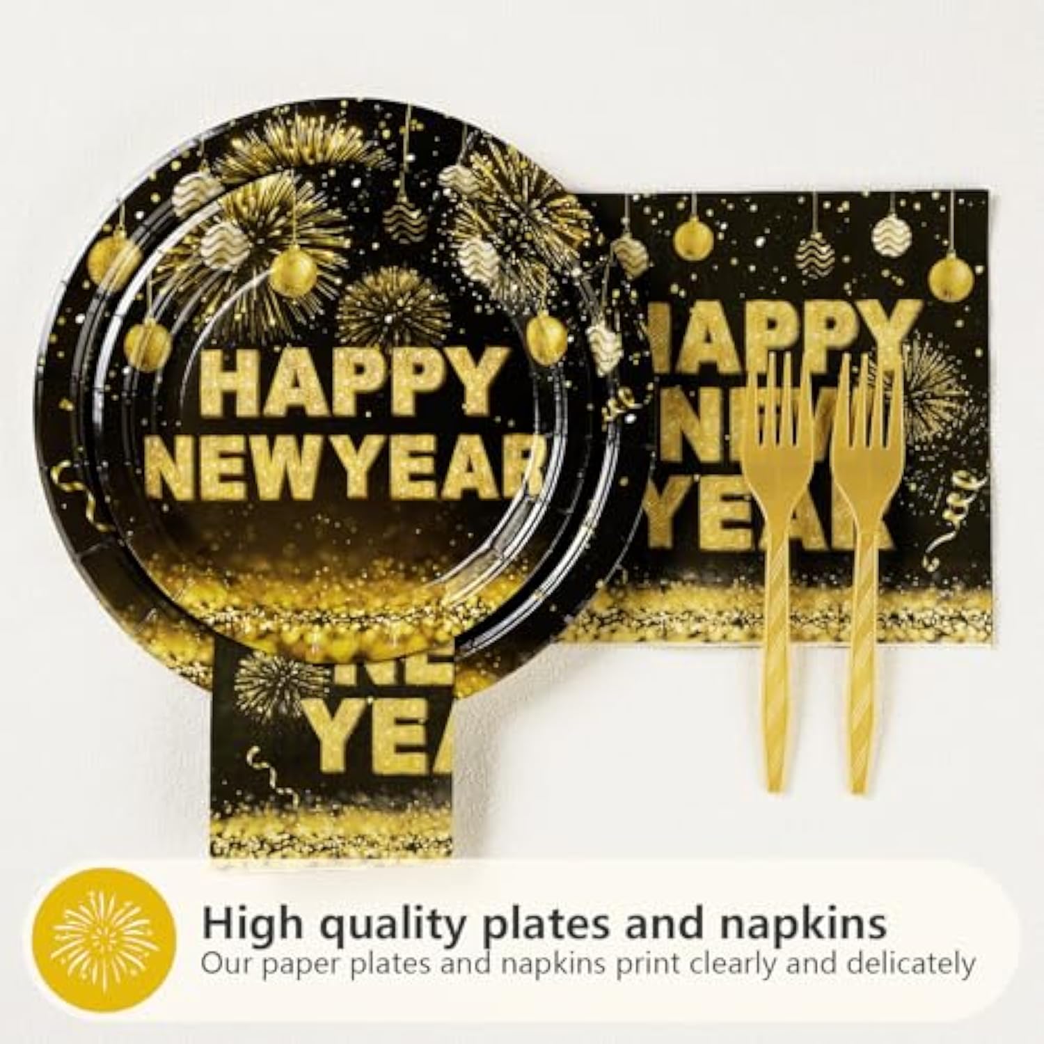 96 Pcs New Years Eve Party Supplies 350 Gsm Black And Gold Happy New Year Tableware Set 2025 Disposable New Years Eve Paper Plates And Napkins For 2025 New Year Party Decorations Serves 24