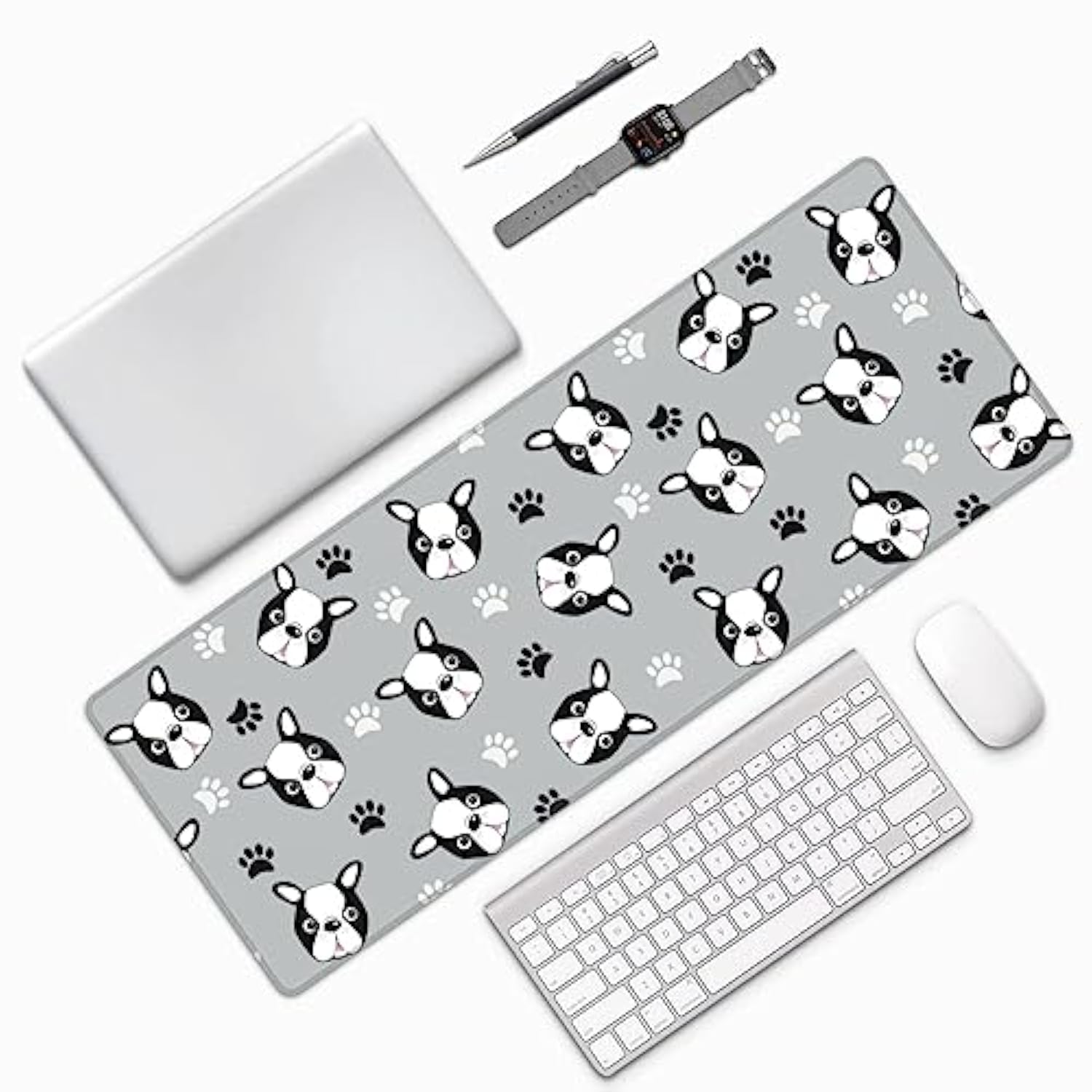 Laptop Mouse Pad Cute Boston Terrier Head Paws Desk Mat With Stitched Edges 31.5X 11.8 Inch Non-Slip Large Keyboard Rubber Writing Table Mat For Office Home