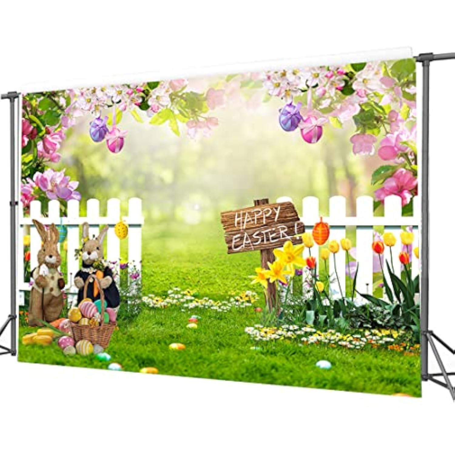 7X5Ft Spring Easter Garden Photography Backdrop Easter Backdrop Green Grass Lawn Pink Floral Fence Background Baby Children Birthday Party Decorations Banner