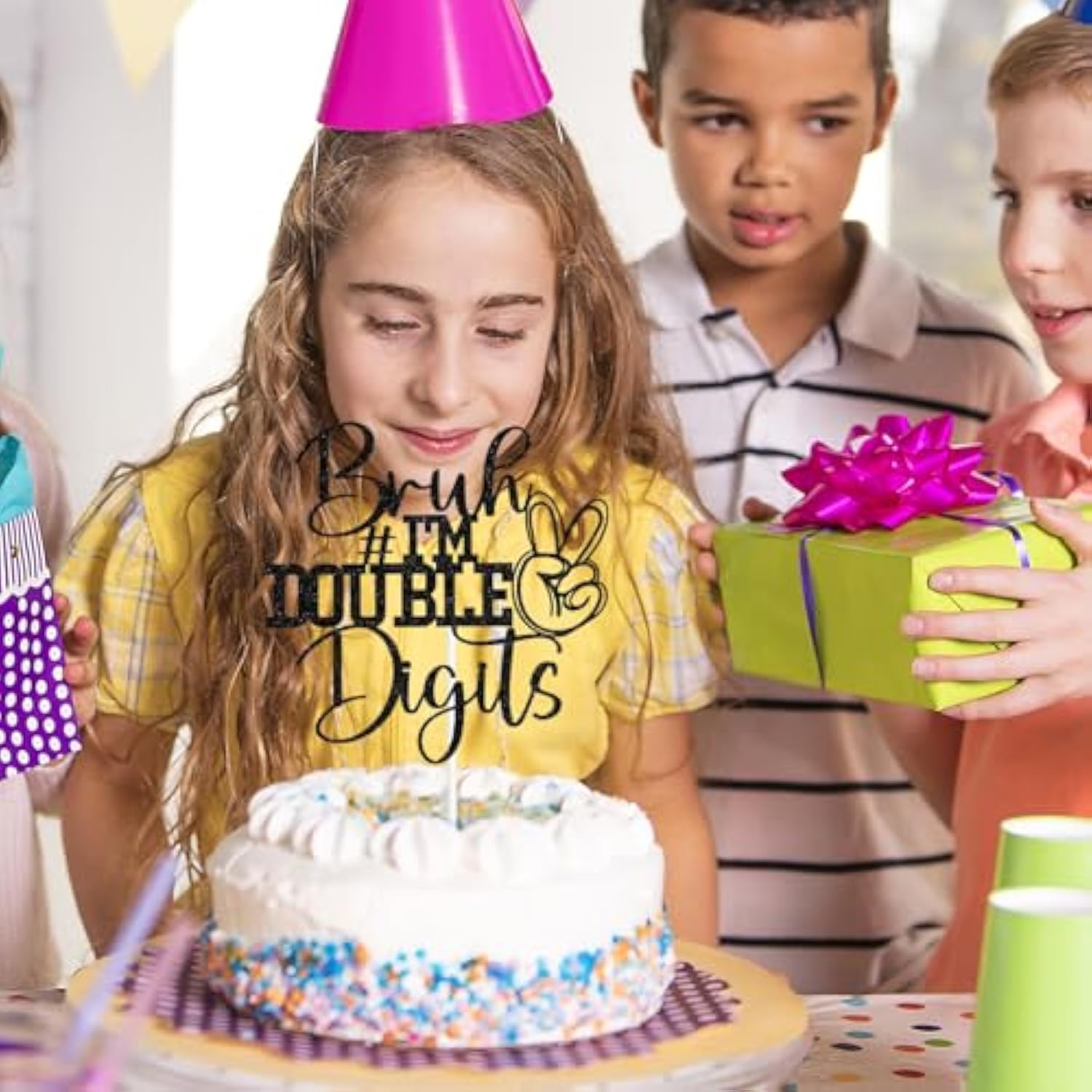 Bruh I'm 10 Cake Topper Black Glitter for Funny 10th Birthday Party