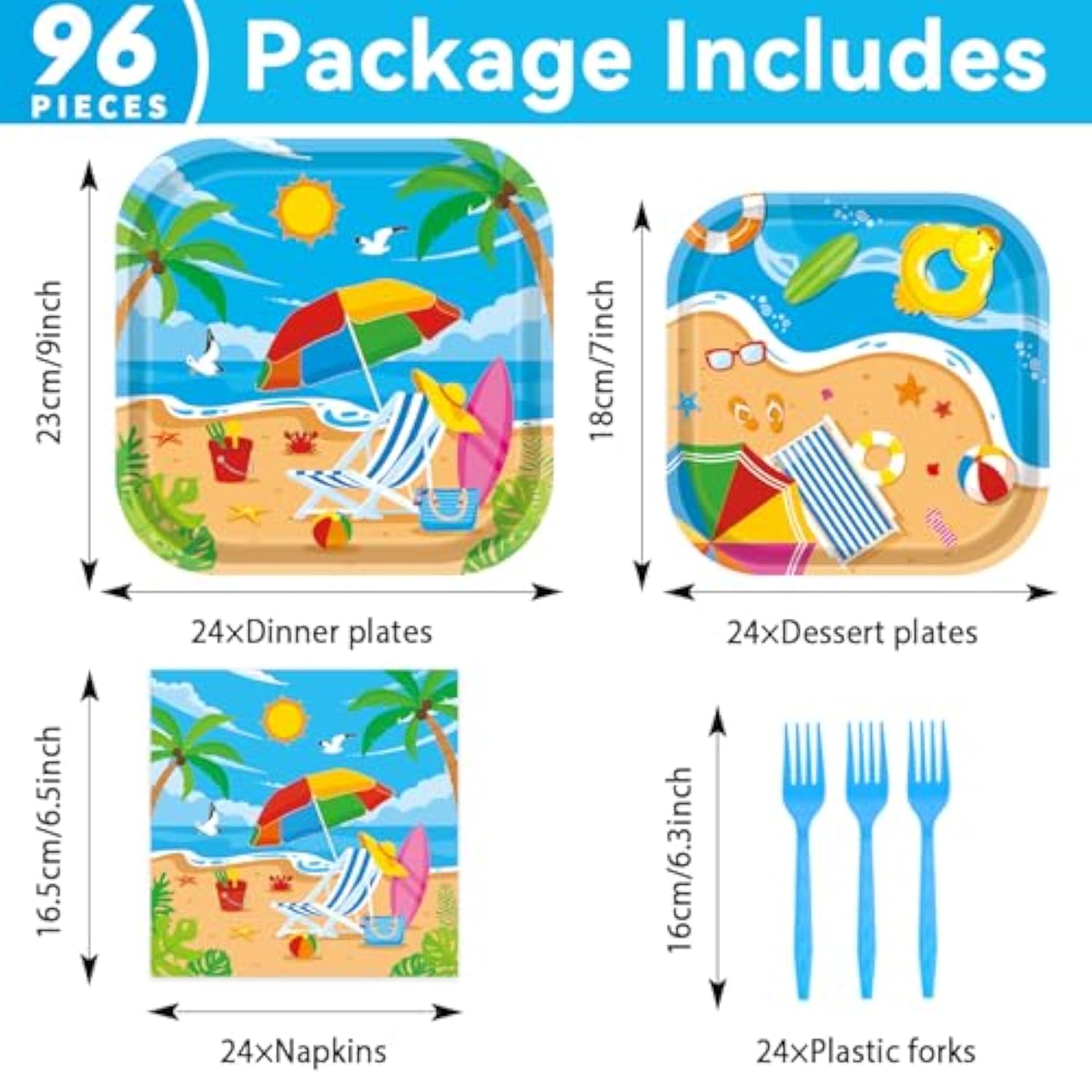 96Pcs Beach Party Supplies Summer Pool Party Paper Plates Napkins Forks Set Hawaiian Sand Beach Party Disposable Pool Themed Square Tableware For Kids 24 Guests Summer Holidays Party Decors