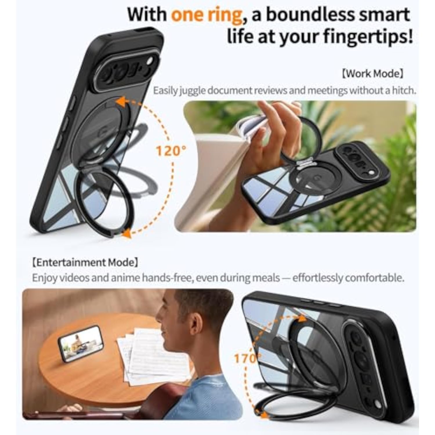 360 Degree Spin Magnetic Stand Case for Google Pixel 9 Pro XL, Fits MagSafe and Pixelsnap, Ring Holder, Crystal Clear Camera Protection Phone Case, Black