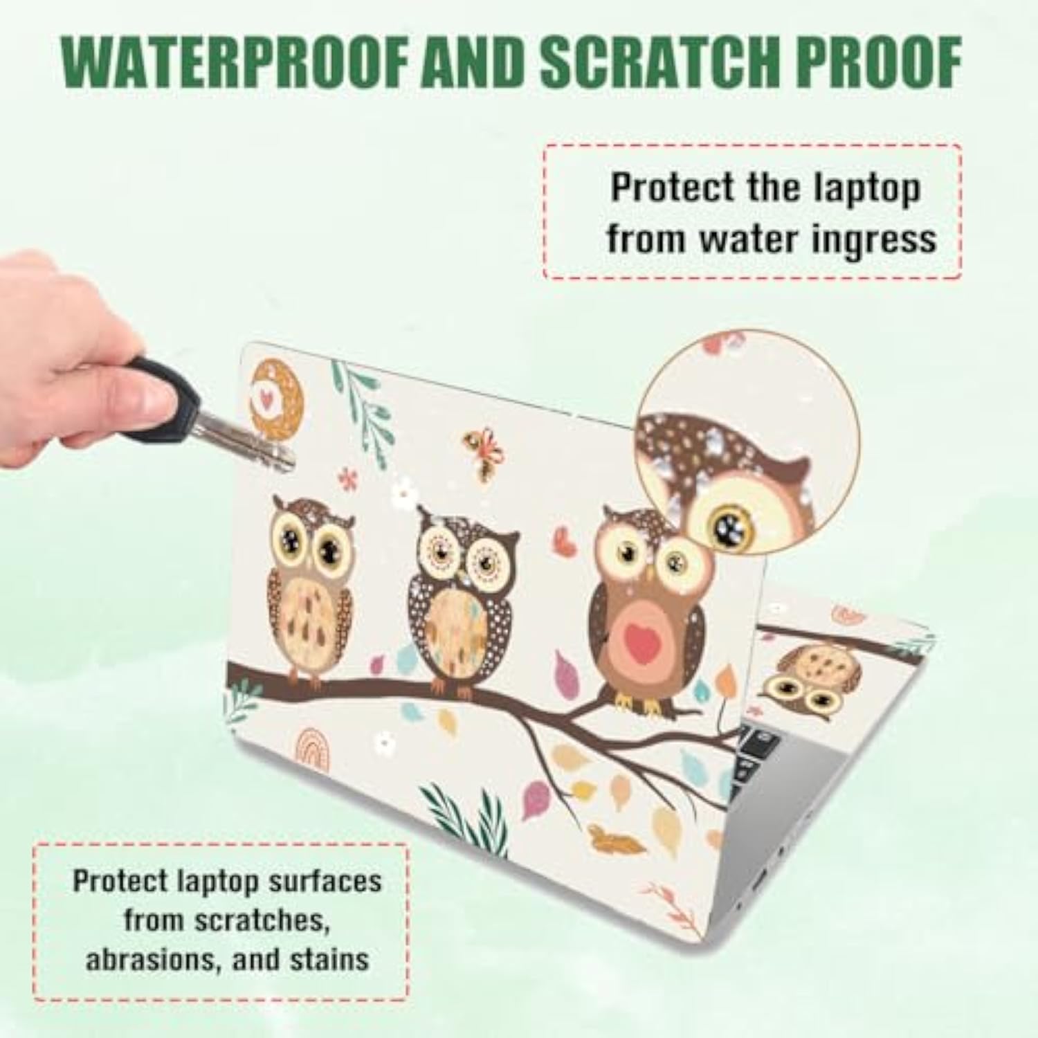 Cute Owl On The Branch Laptop Skin Sticker Decals Universal Vinyl Reusable Notebook Flower Leaves Decal Watercolor Bohemian Flower Leaves Protector Cover For 12" 13" 13.3" 14" 15 Inch Laptop