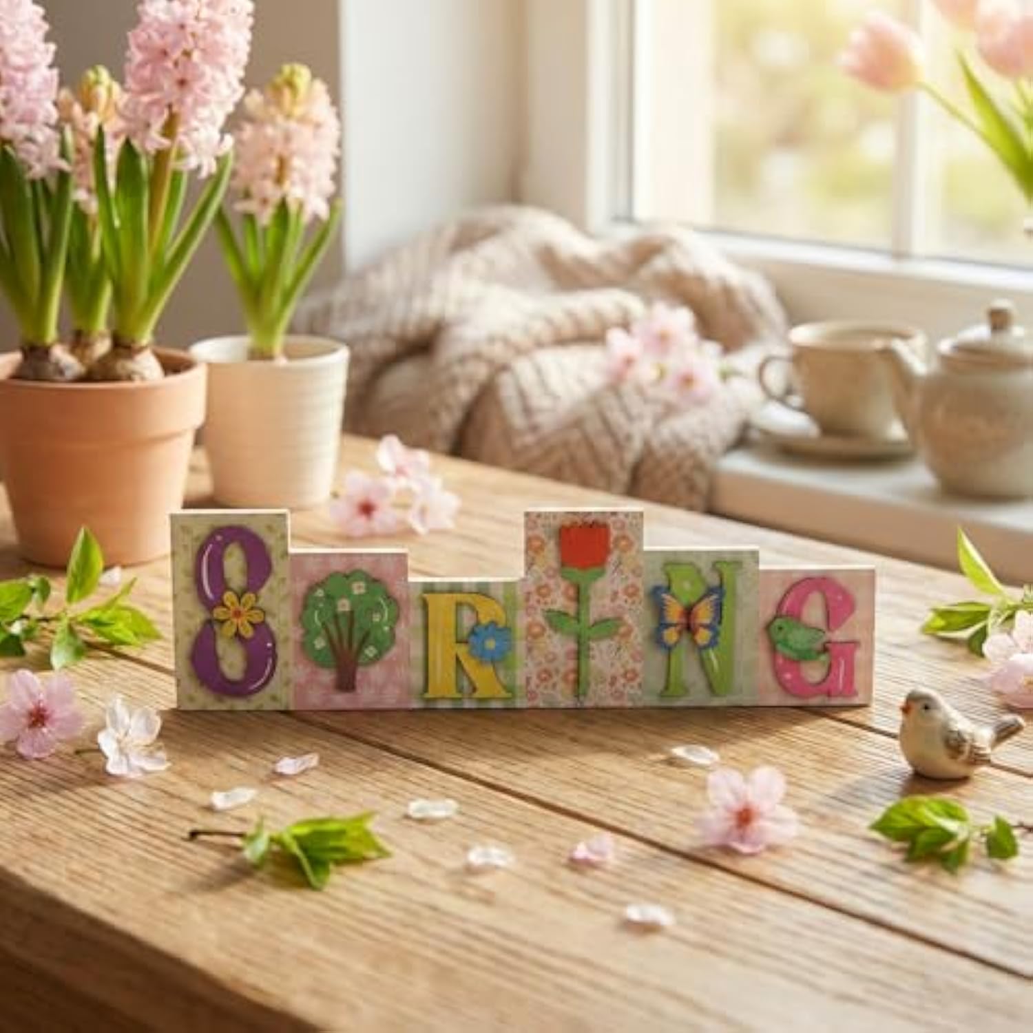 3D Green Wooden Spring Sign, 13.8×3.9Inch Standing Spring Flower Tree Decorative Signage Indoor Table Centerpiece Decor, Seasonal March Tabletop Shelf Mantel Office Desk Decorations For Home