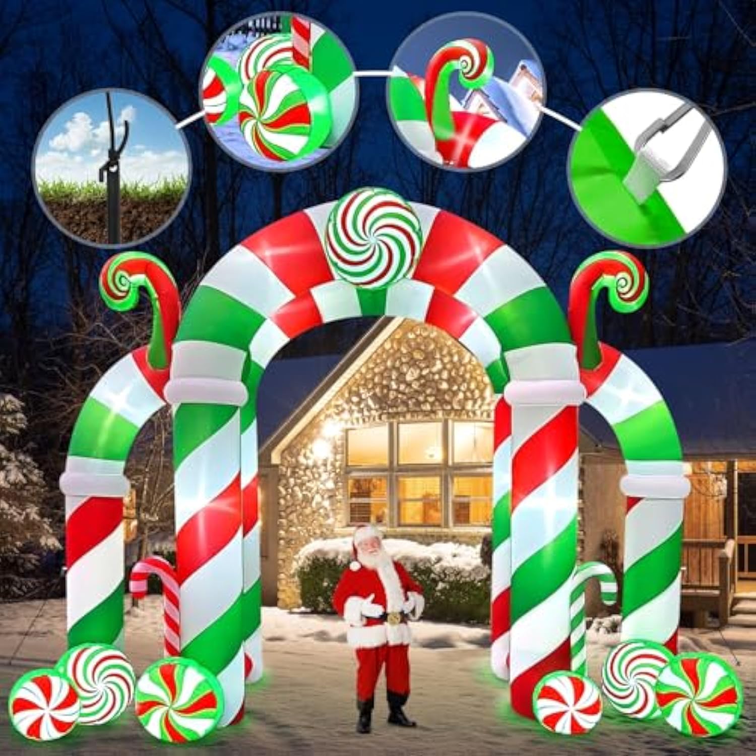 13Ft Christmas Archway Inflatables With Led Light, Giant Xmas Candy Arch Inflatable Stereoscopic Blow Up Christmas Outdo