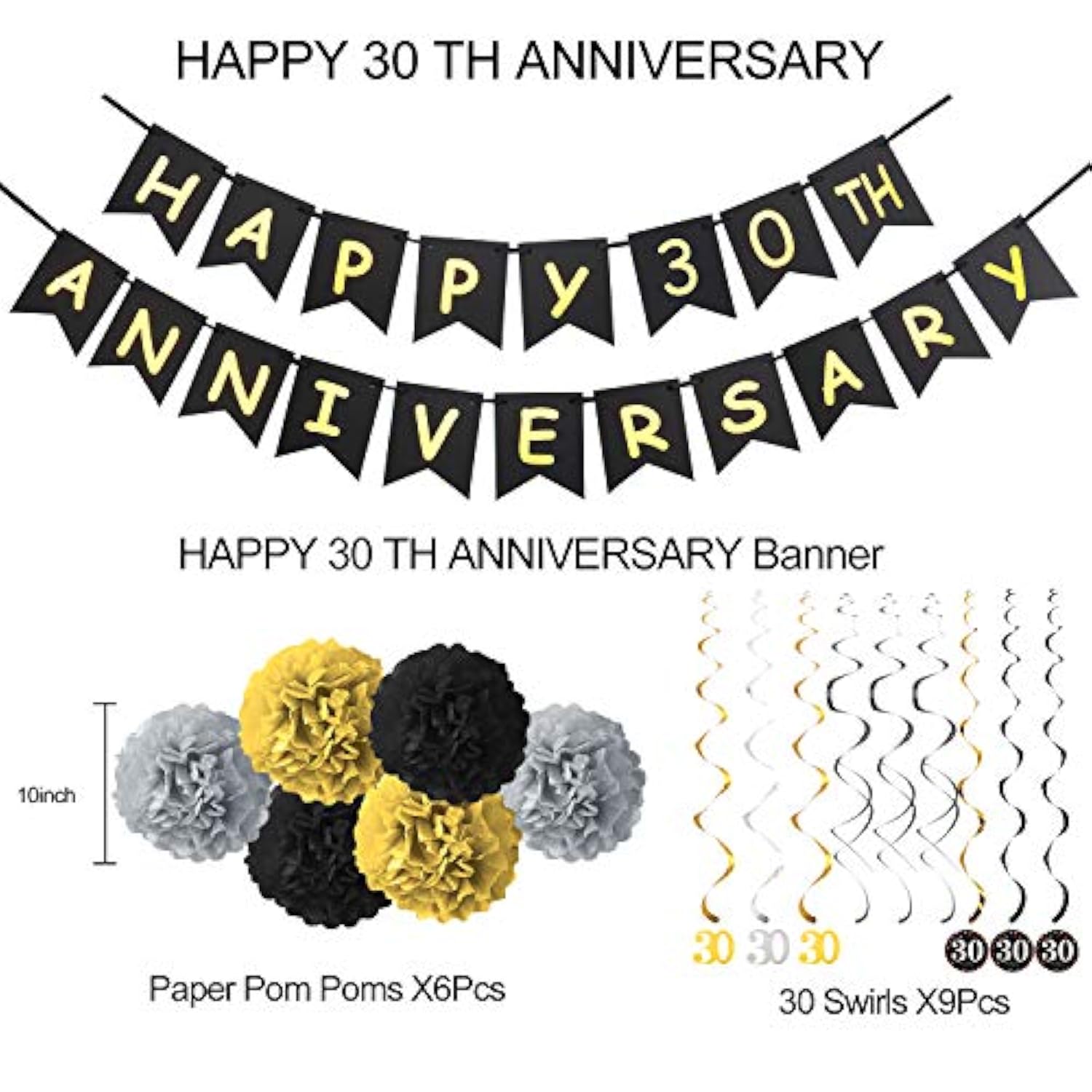 30Th Anniversary Party Decorations Kit - Gold Happy Banner, 9 Hanging Swirls, 6 Poms For Wedding Celebration Supplies