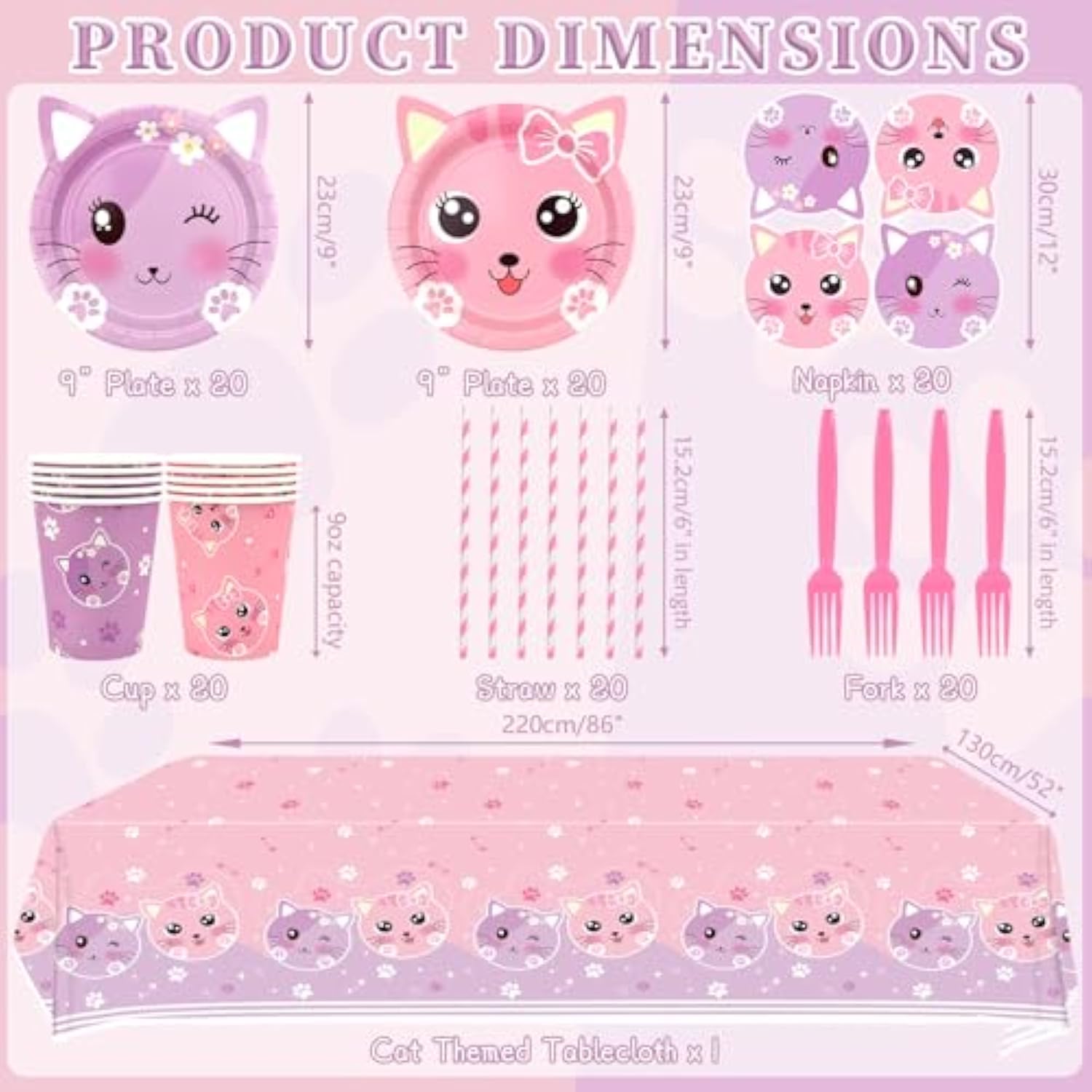Cat Birthday Party Supplies Set, Kitten Tableware Includes Plates, Tablecloth, Cups, Forks And Straws For Kids Cat Party Decorations, Serves 20 Guest (A)