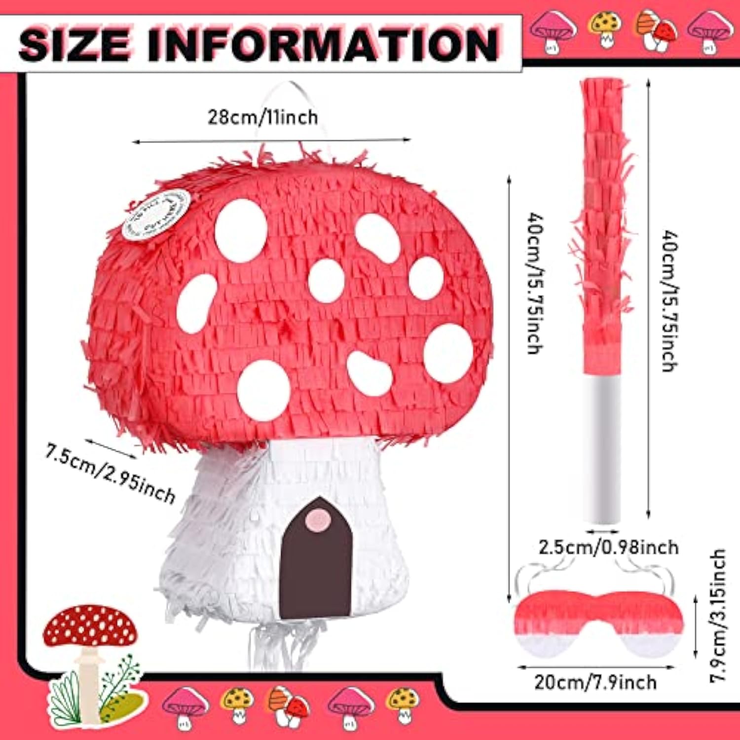 Mushroom Pinata With Stick And Blindfold, Paper, Baby Shower, Fantasy Theme Decoration