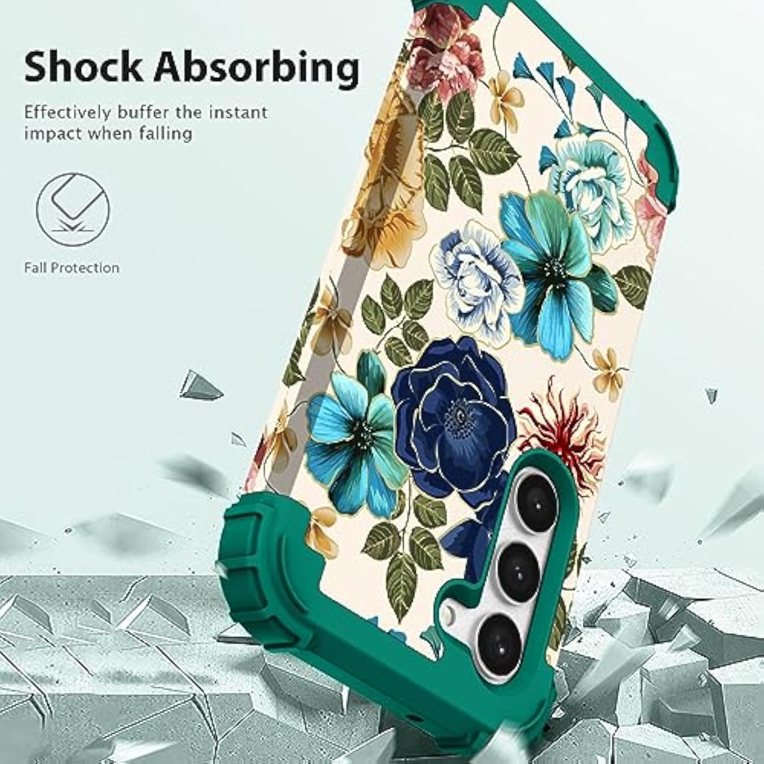 For Galaxy S23 Plus Case, Shockproof Heavy Duty Protection Soft Silicone Rubber Bumper+Hard Plastic Hybrid Protective Case For Samsung Galaxy S23 Plus (6.6") 2023 - Teal Flowers