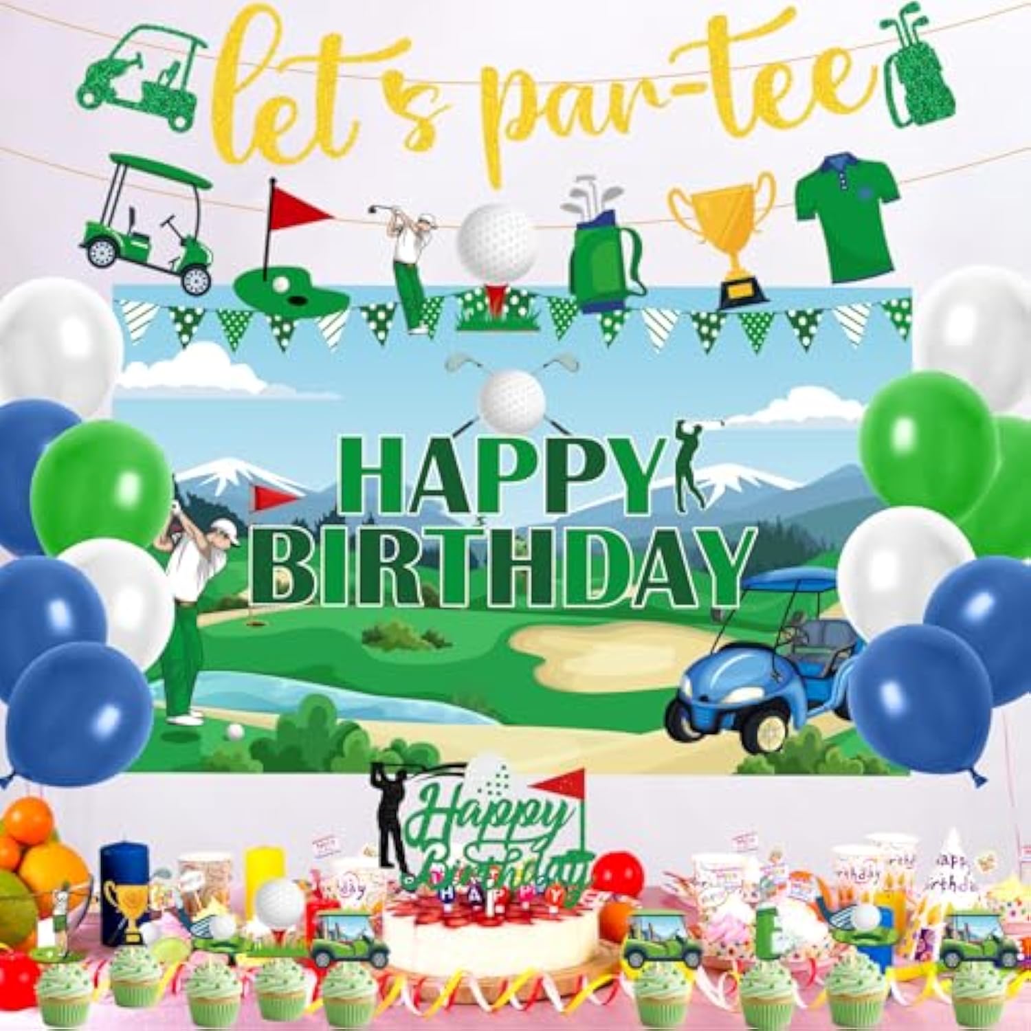 Golf Birthday Party Decorations - 34Pcs Golf Birthday Decorations, Lets Partee Banners Balloons Backdrop Cake Topper Cupcake Toppers, Sport Themed Party Decor Supplies