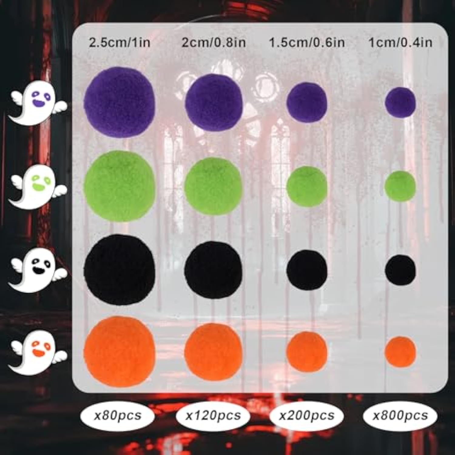 1200 Pieces Halloween Pom Poms Balls in 4 Sizes for DIY Crafts & Party Decorations