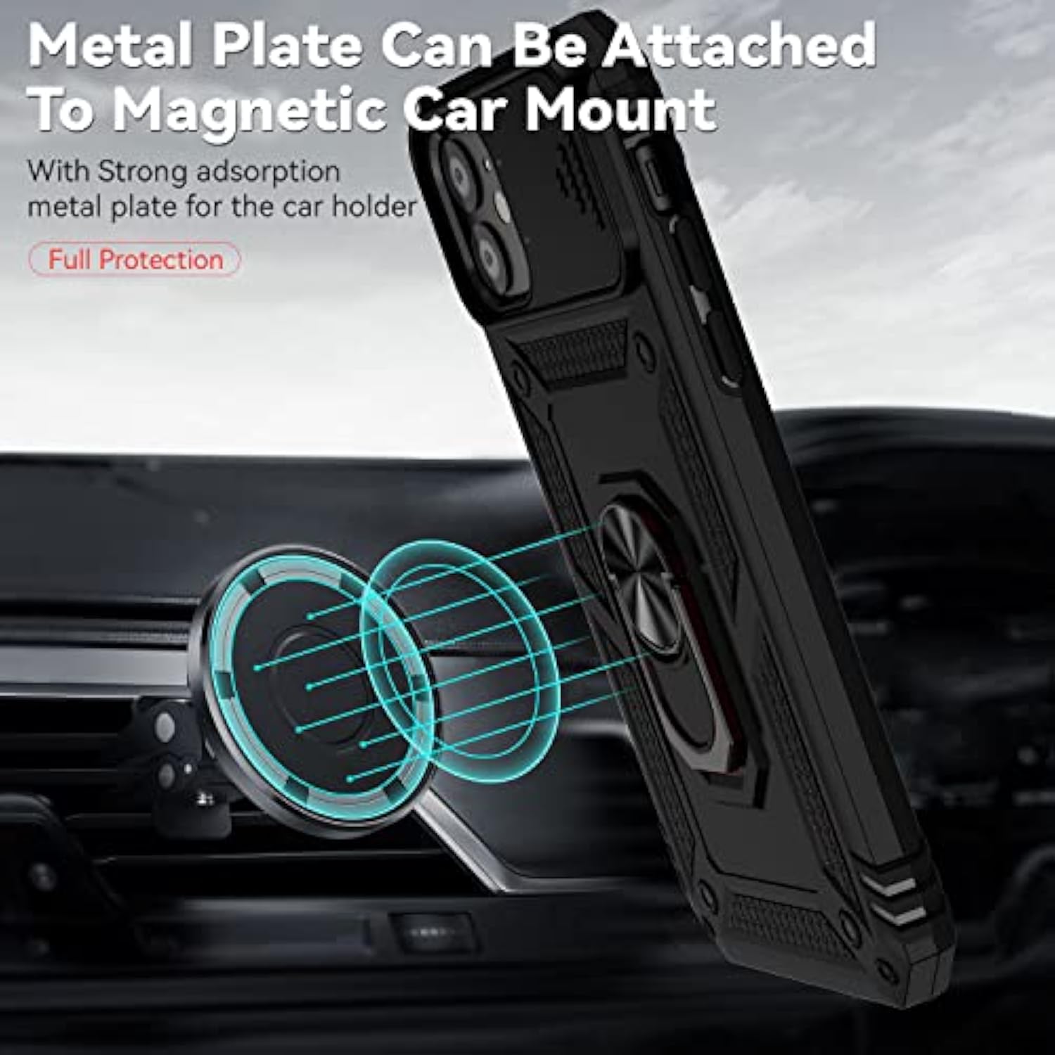 For Iphone 11 Case,With Camera Lens Cover Hd Screen Protector,[Military Grade] Ring Car Mount Kickstand Hybrid Hard Pc Soft Tpu Shockproof Protective Case For Iphone 11-Black
