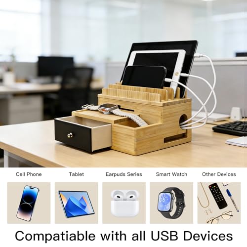Bamboo Charging Organizer for Multi-Devices, with Drawer and Pen Holder, Nightstand Desk Charging Stations Electronic Organizer for Cell Phone,